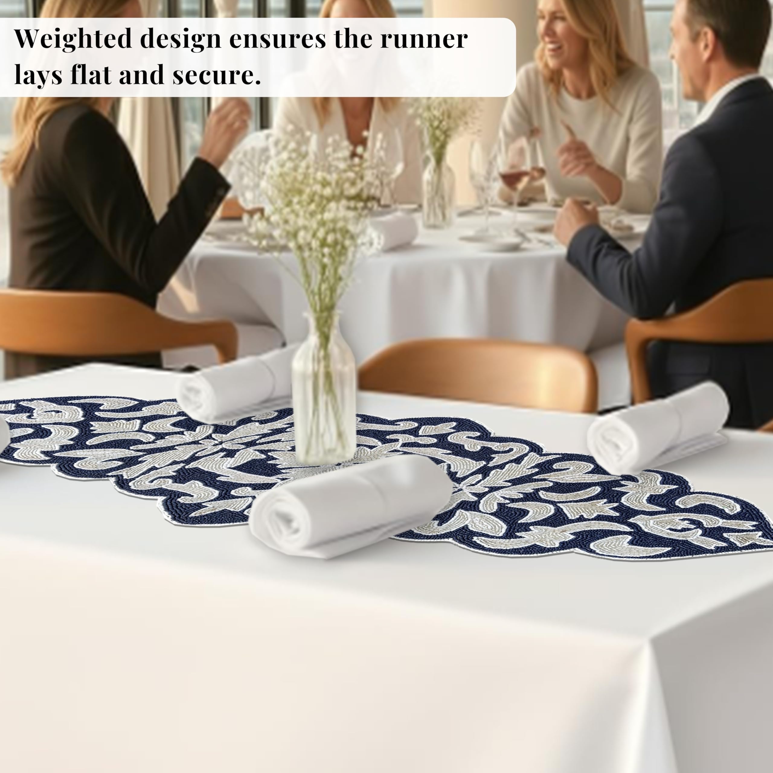 Camino para mesa de comedor, camino de mesa de cocina duradero, resistente a las manchas para mesa, mesa de cocina, camino de mesa duradero de 13 x 36 pulgadas, color azul marino plateado