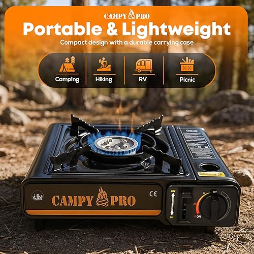 Miniatura 2 de Estufa de gas butano portátil con encendido automático y estuche de transporte, estufa compacta para acampar, senderismo, cocina al aire libre y uso