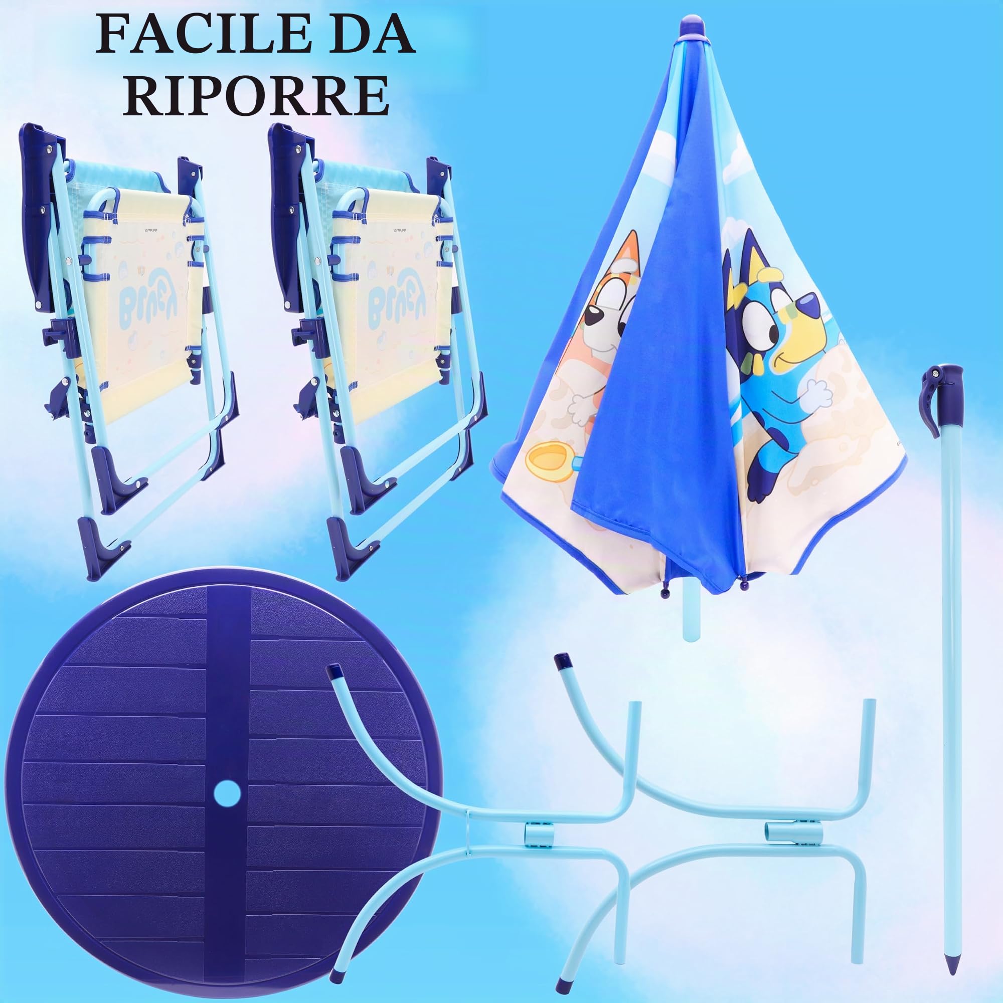 Toyland® Bluey & Bingo Tavolo e sedie da giardino Set - 1 tavolo, 2 sedie e 1 ombrellone - Mobili per interni ed esterni per bambini - Perfetto per la spiaggia e il giardino