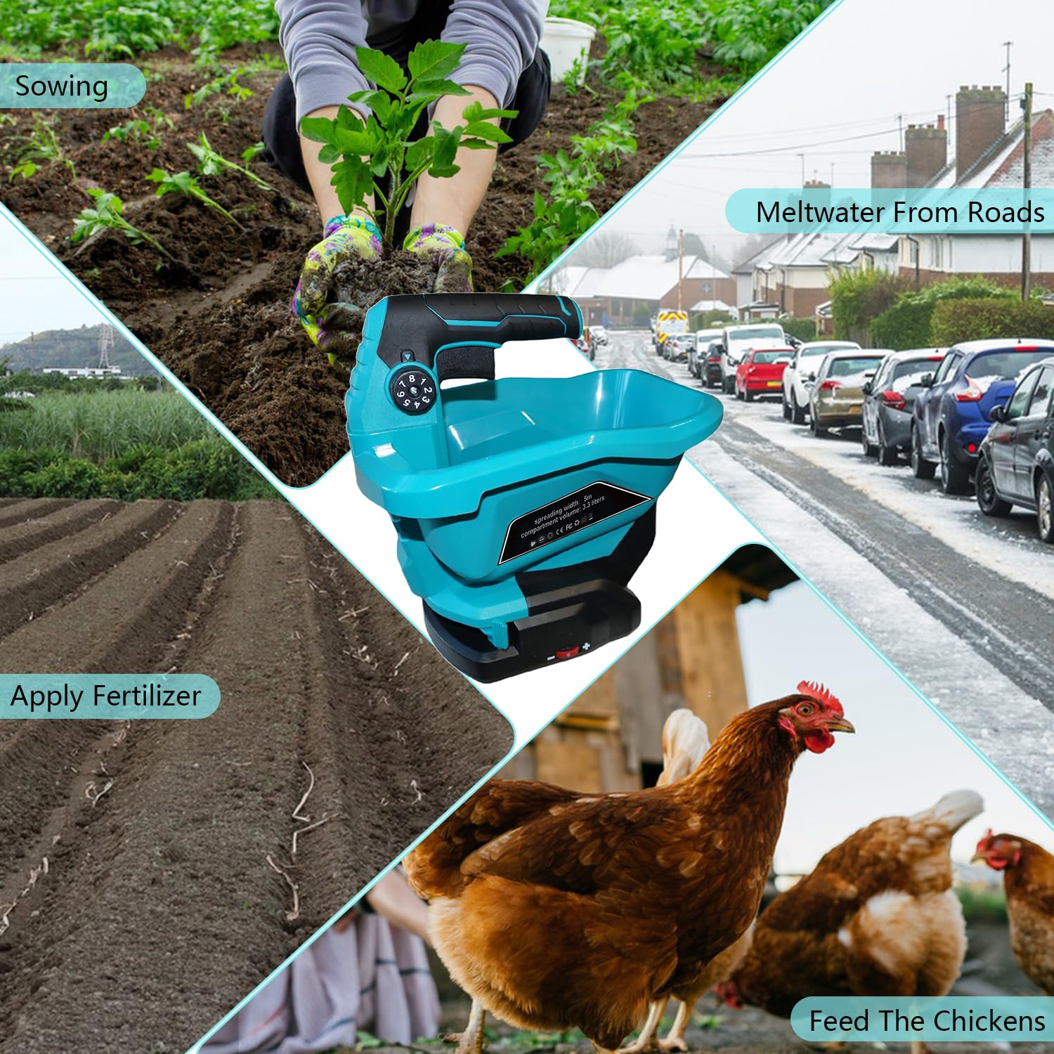 Rozrzutnik bezprzewodowy do akumulatora 18 V, przenośny nawóz trawnikowy z 6-stopniową regulacją prędkości, rozsiewacz nasion z 8-stopniową regulacją kąta, zasięg do 800 m²
