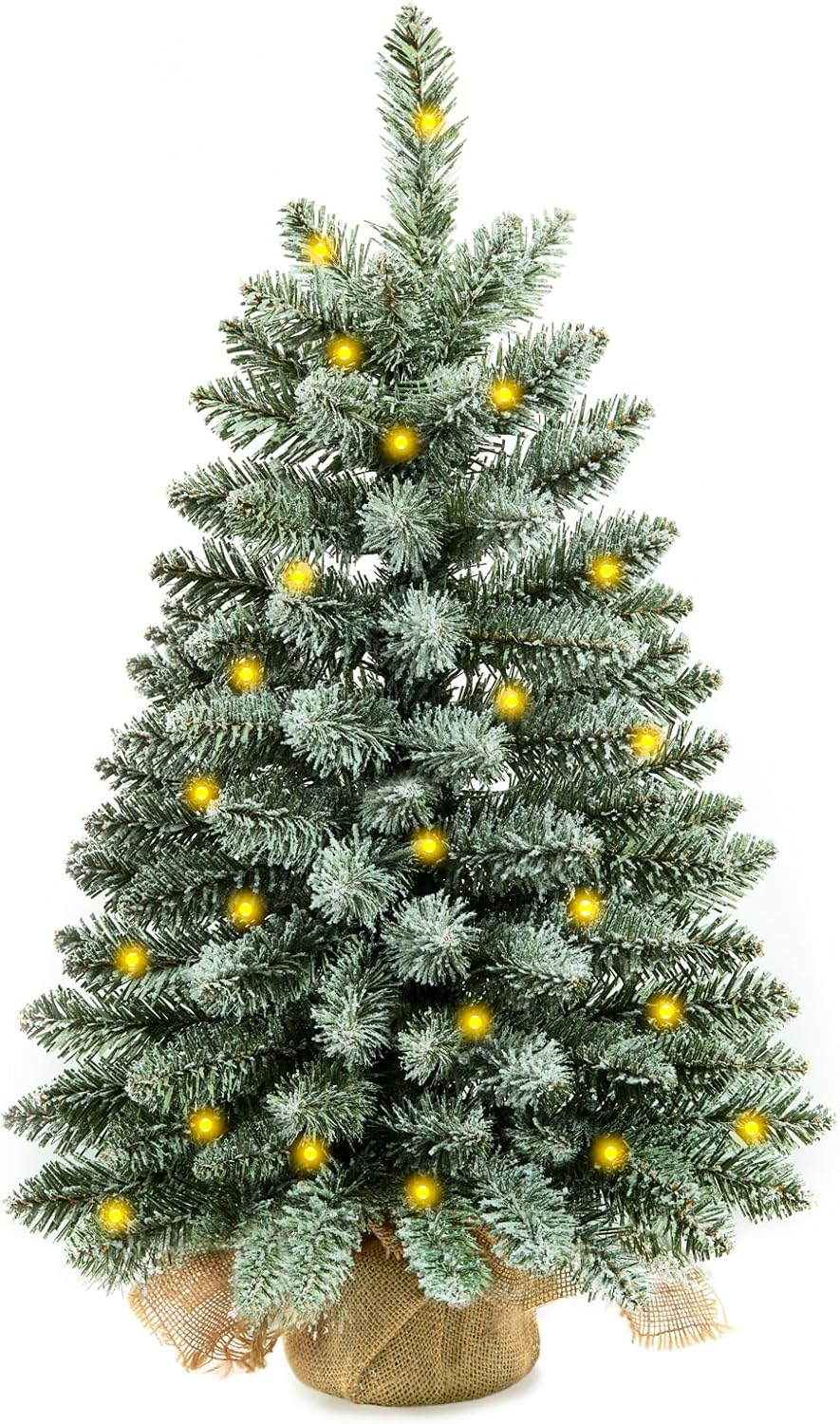2 ft Mini Christmas Trees with 25 F5 LED Lights, 24" Decorated Burlap Artificial Tabletop Christmas Trees Home Party Decoration for Kitchen Dining Room Window Green White