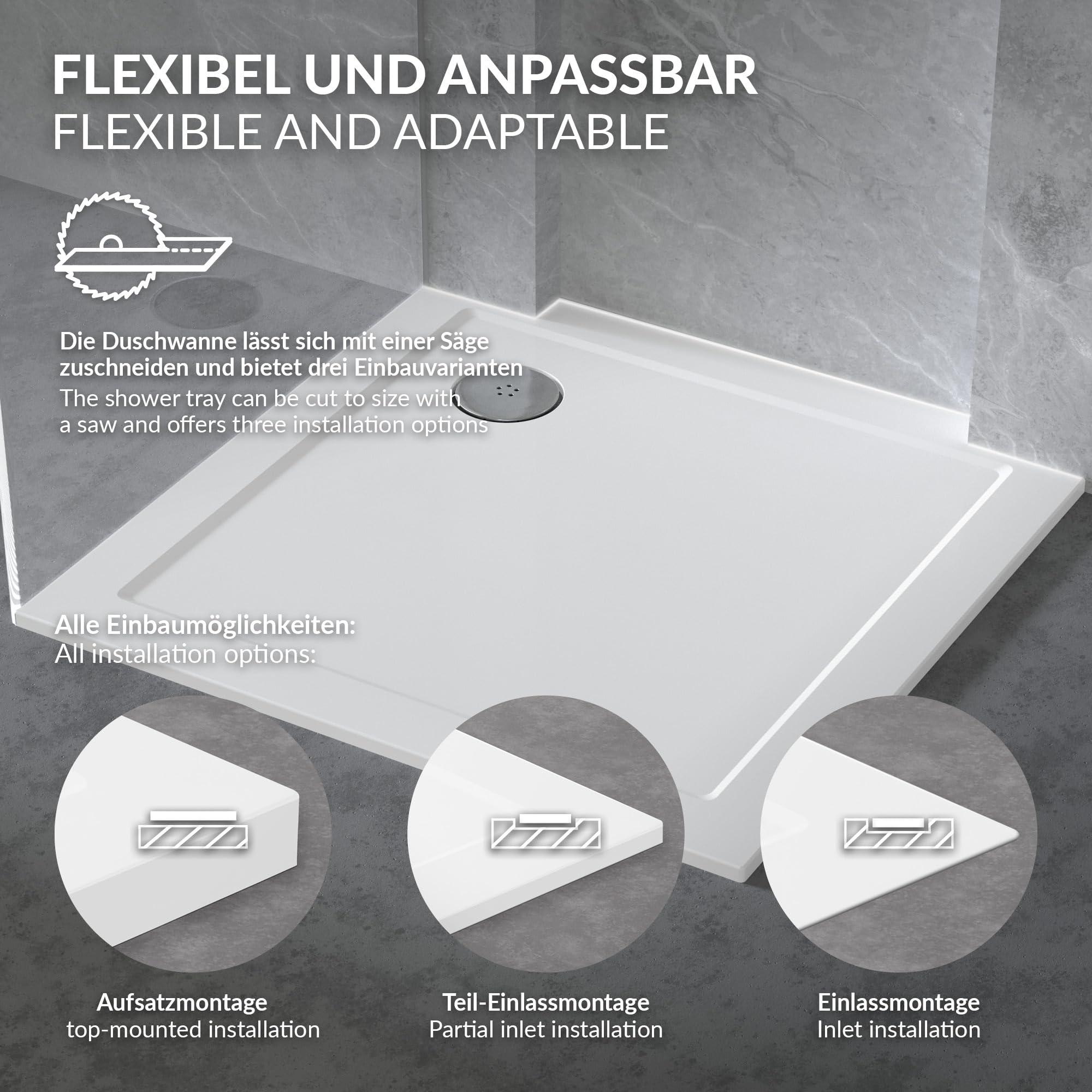 LuxeBath Plato de Ducha 80x80 cm Cuadrado con Válvula de Desagüe, Base de Ducha para Mamparas en Resina Extraplano con Sifón, H4cm, Acabado Brillante, Forma Angular, 3 Opciones de Instalación, Blanco