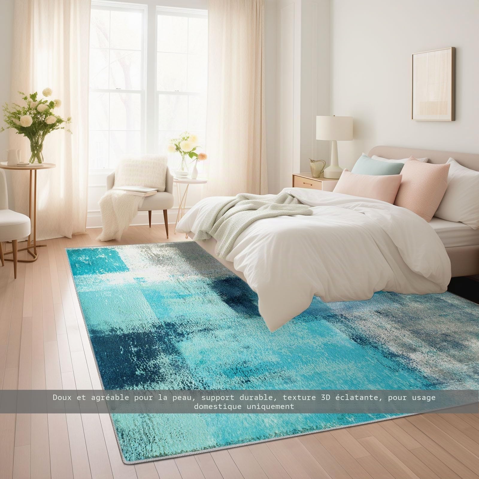 Tapis de Salon Géométrique Abstrait 120x180 cm Turquoise et Bleu Marine, Tapis Poils Courts Lavable Moderne, Décoratif Antidérapant et Doux pour Salon Chambre et Bureau