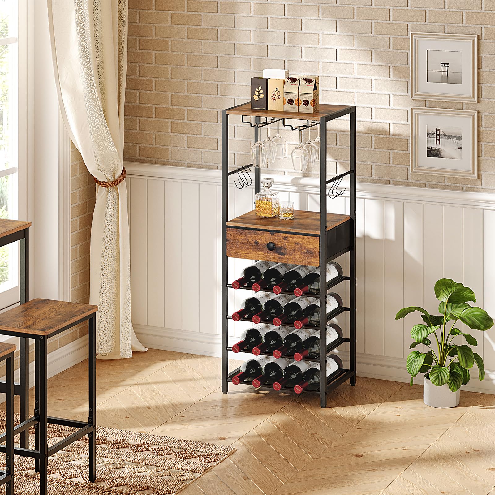 HOOBRO Weinregal für 16 Flaschen, Flaschenregal Holz mit 6 Etagen, Weinständer mit Schublade, Weinschrank, Weinflaschenhalter mit Glashalter 40 x 30 x 102 cm, Flaschen Organizer EBF10JJ01