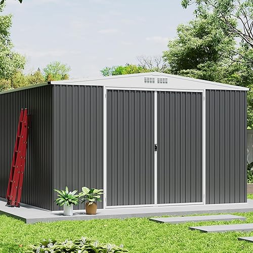 8x7 Shed for Outdoor Storage, Galvanized Steel Metal Tool Sheds House with Lockable Doors, Lock & Air Vent, Large Utility Sheds for Patio Garden Lawn (7.6x6.3, Grey)