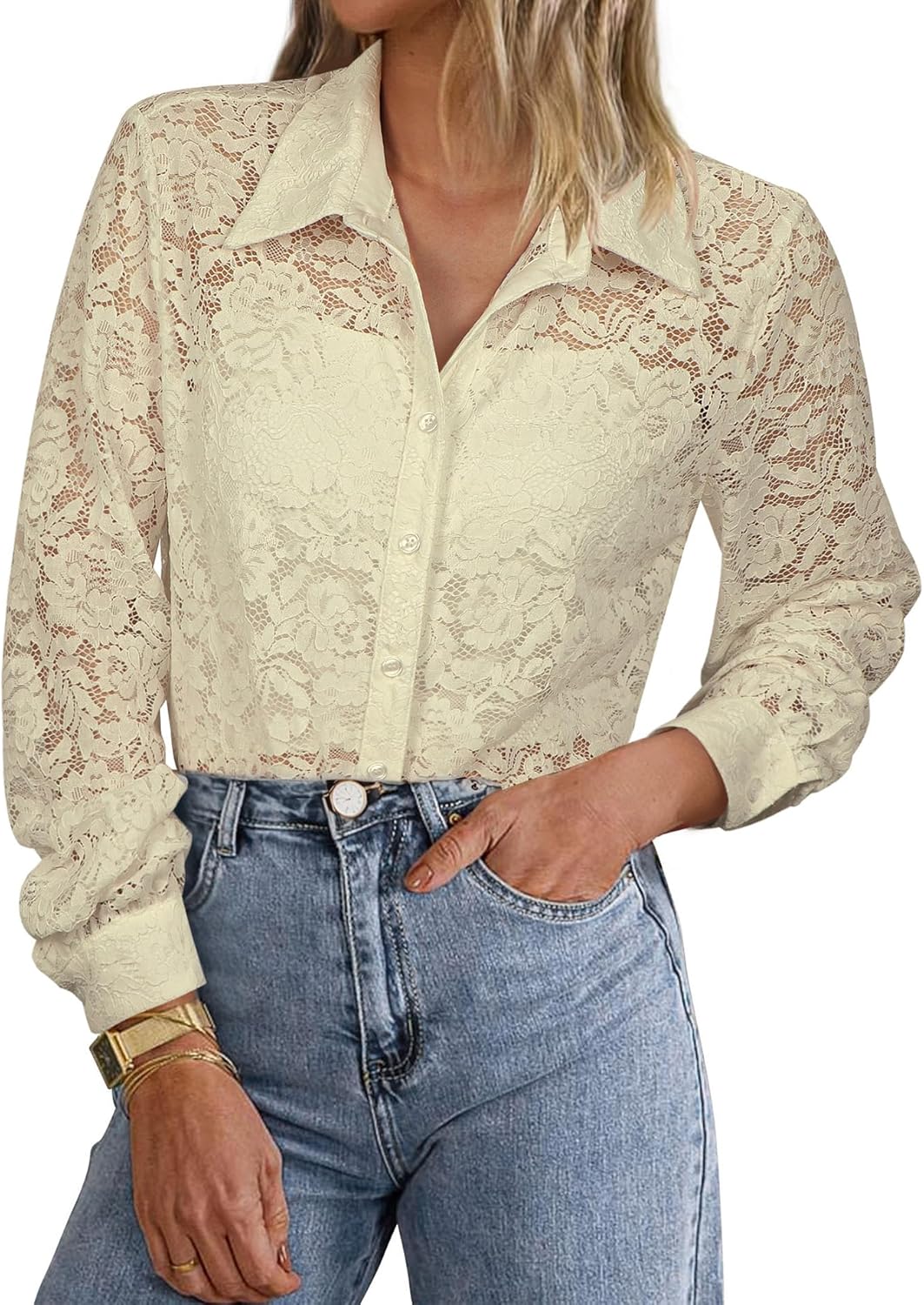 Angashion Women Dressy Casual Tops Long Sleeve Lace Button Up Shirts V Neck Trendy Tunic Loose Blouses