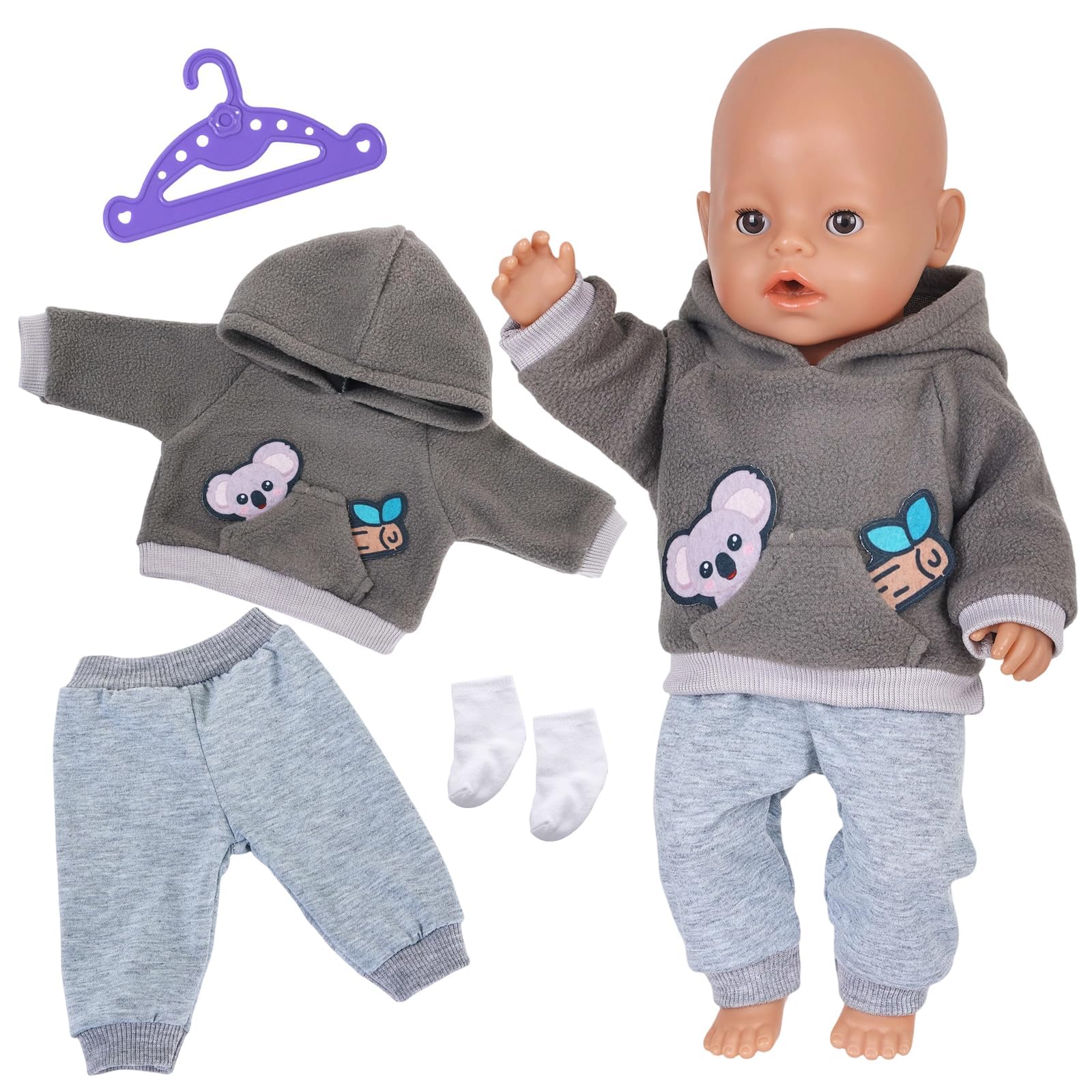 Puppenkleidung für 14–18 Zoll Babypuppen Grauer Koala Baby Kleidung Puppen für 35-43cm Puppen mit Hoodie+Graue Hose+Socken+Kleiderbügel Neue 43cm Puppenzubehör Geburtstagsgeschenk Kinder