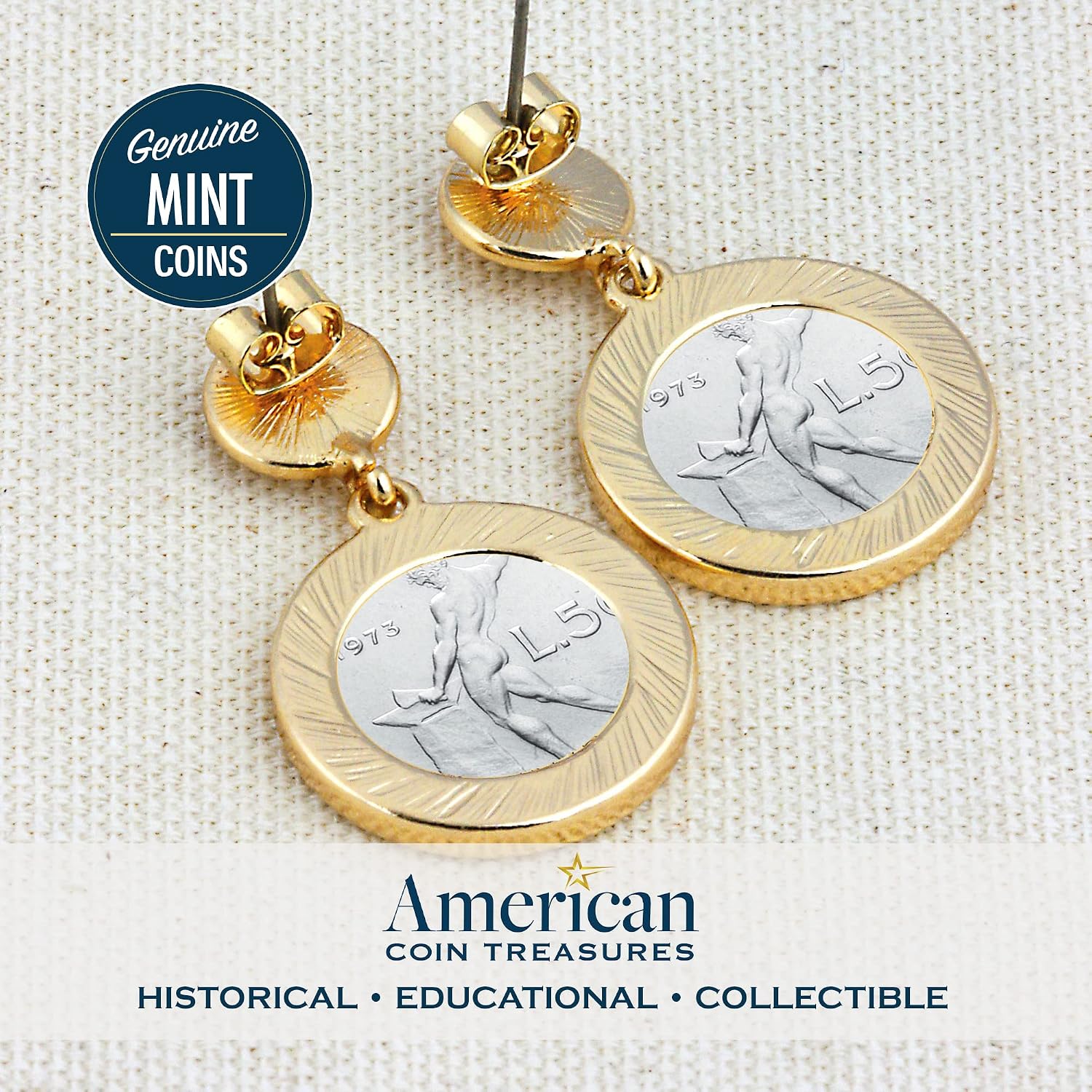 American Coin Treasures Earrings Italian 50 Lire Coin Jewelry- Post Pin Style- Goldtone Bezel-Minted in Italy- Art Deco