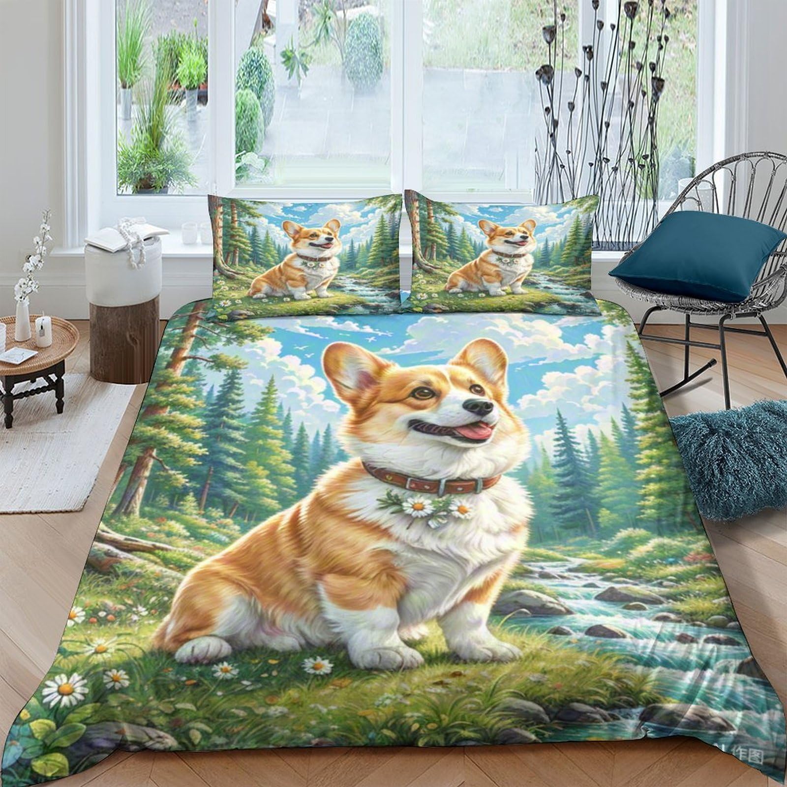 Housse de couette Corgi 3D 200x200 cm en microfibre douce avec taie d'oreiller