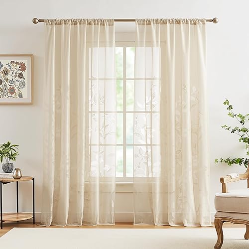 Miniatura 8 de Jubilantex Cortinas traslúcidas de encaje beige con patrón de capullos de hojas, de punto, para sala de estar, juego de 2 cortinas texturizadas