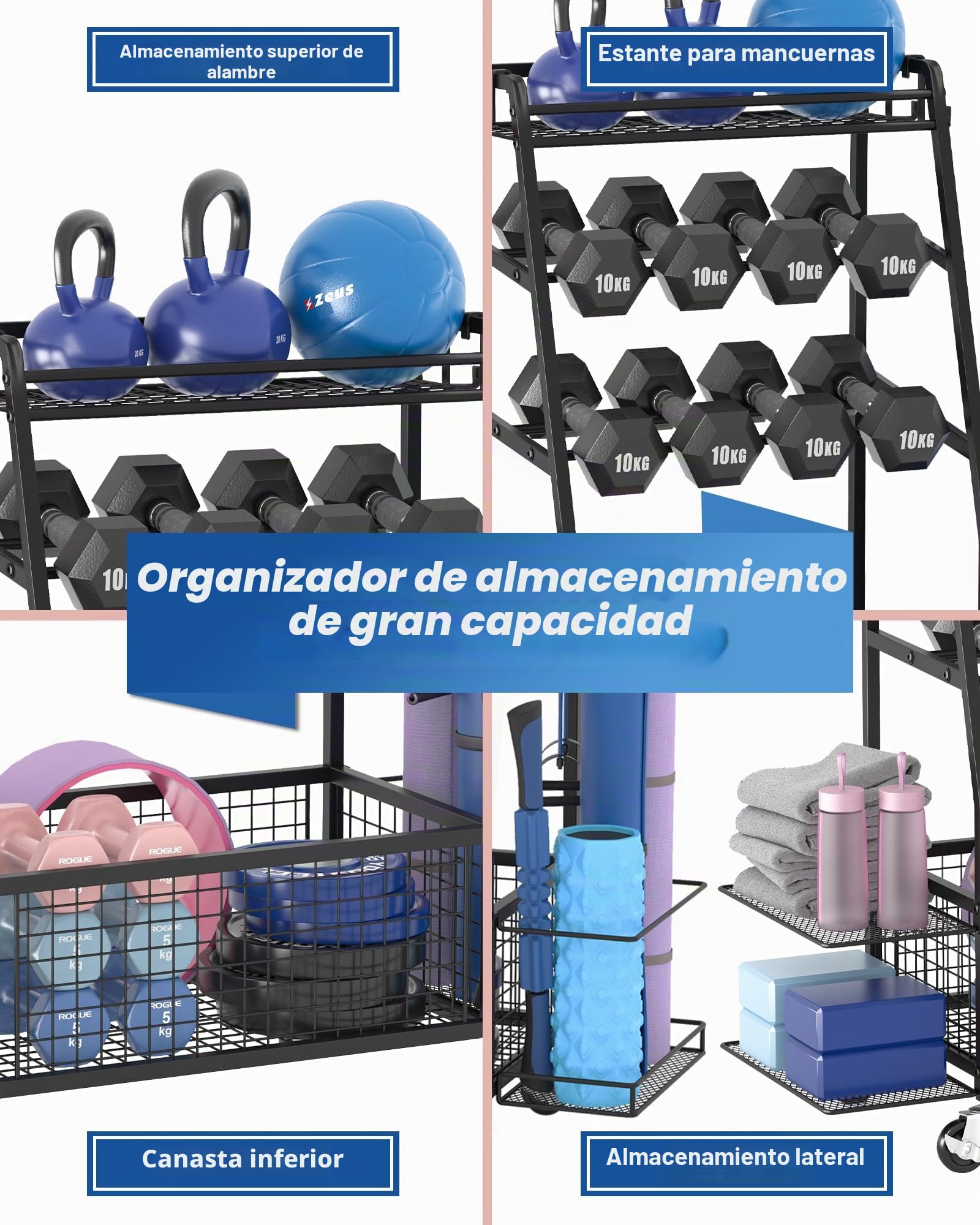 Soporte para mancuernas - Estantería de almacenamiento ampliad para gimnasio doméstico - Soporte de mancuernas con 4 ruedas flexibles y almacenamiento único en ambos lados