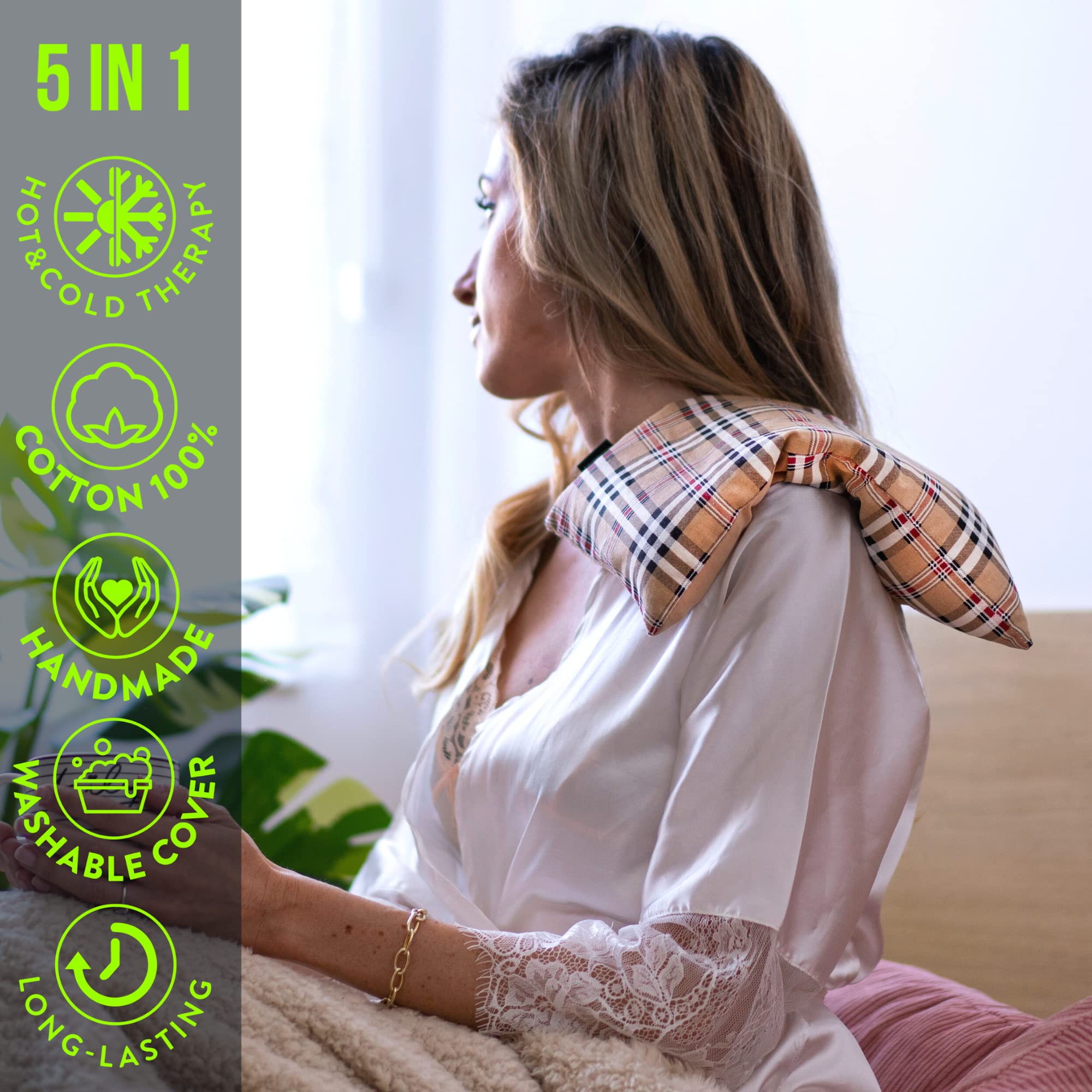 Bouillotte Sèche Graines de Lin - Coussin Chauffant Micro Onde contre Douleur Musculaire (35x18 cm) - Compresse Chauffante de Graines Aromatiques - Housse Lavable, 100% Coton et Odeur de Lavande