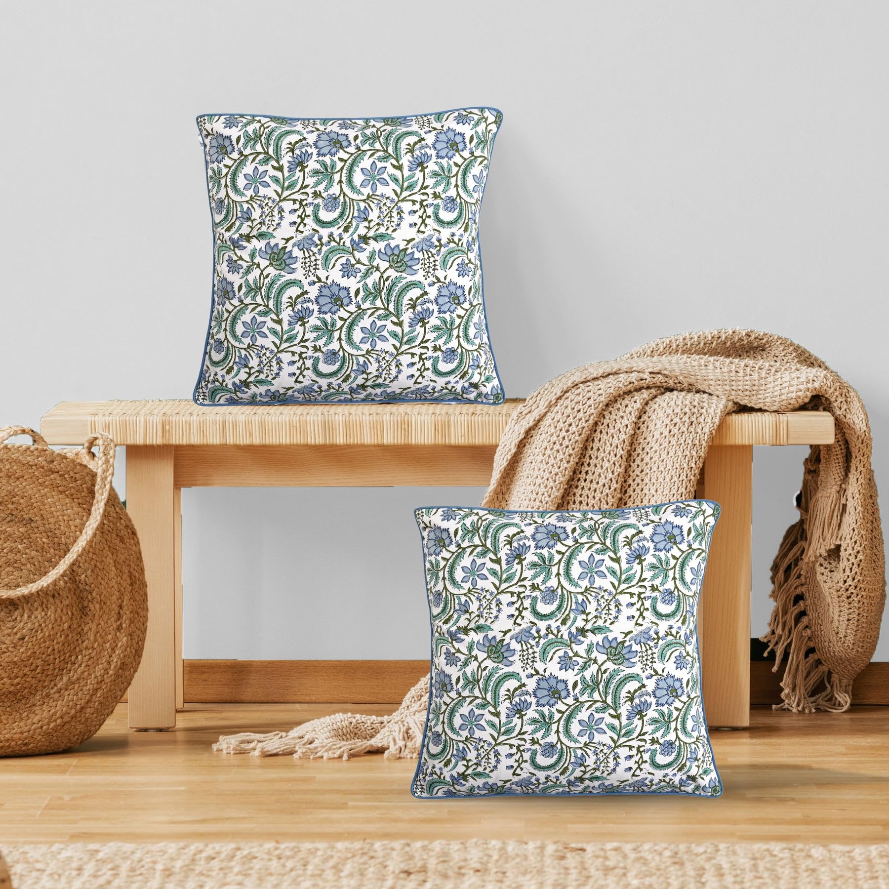 Ridhi Block Print Columbia Blue Pillow Cover 18" x 18" (Pack of 2) Decorative Couch Pillows for Living Room, Chic Boho Cute Outdoor Pillows Covers