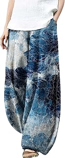 MARSVOVO Pantalones palazzo para mujer, modernos con estampado de ondas, pantalones fluidos japoneses, informales, cómodos, de pierna ancha