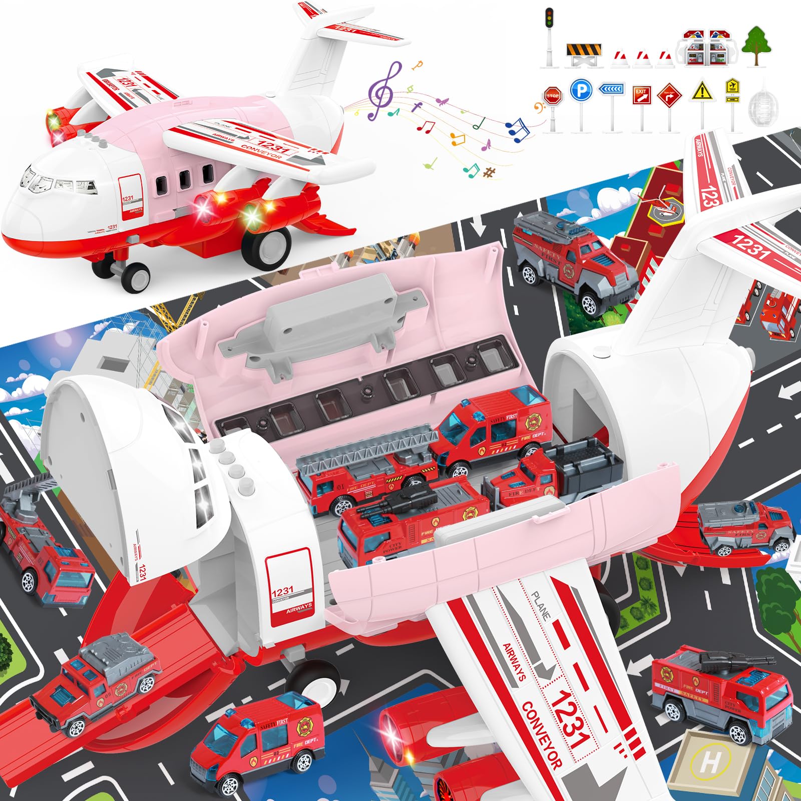 Airplane Toys for Toddlers 3 Year Old, Kids Toy Airplane Set with 6 Fire Truck Cars & Play Mat, Toy Plane with Smoke, Light & Sound, Toy Airplane for Kids Toddlers Girls Boys 4-7