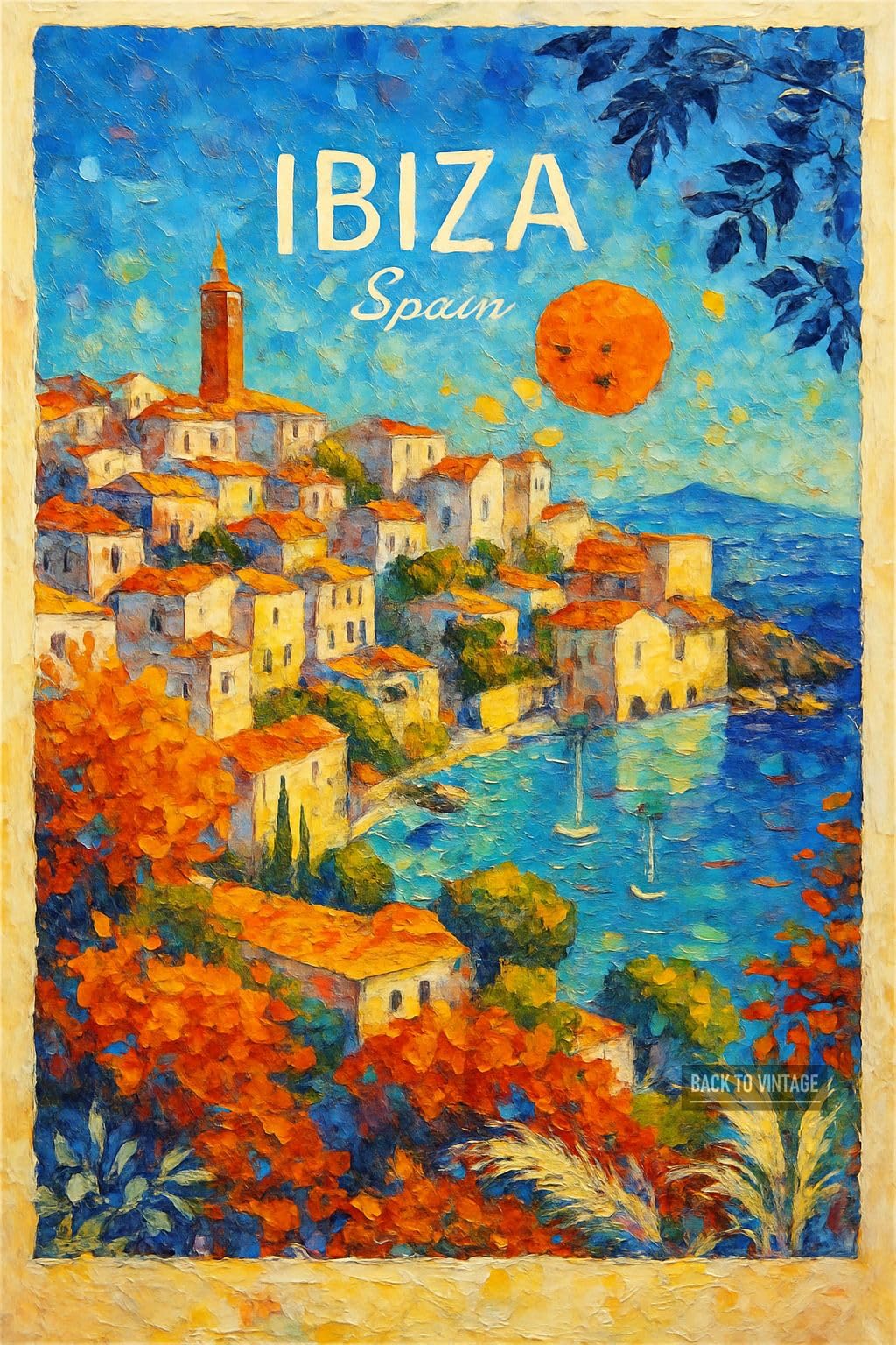 BACK TO VINTAGE Impressionist Poster Of A Coastal Town In Ibiza_result - A4 Travel City Poster Wall Art Home Decor Art Print Featuring Urban Landmarks and Global Views for Stylish Interior Display