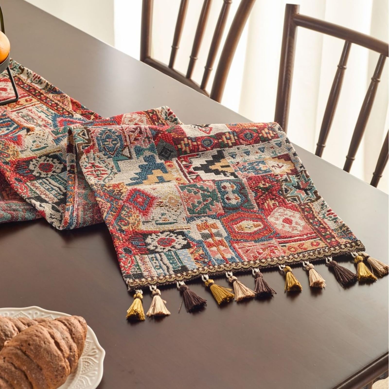 Tischläufer Sommer Boho, Tischläufer Hochzeit 33x400 cm, Rot Jacquard mit Quasten