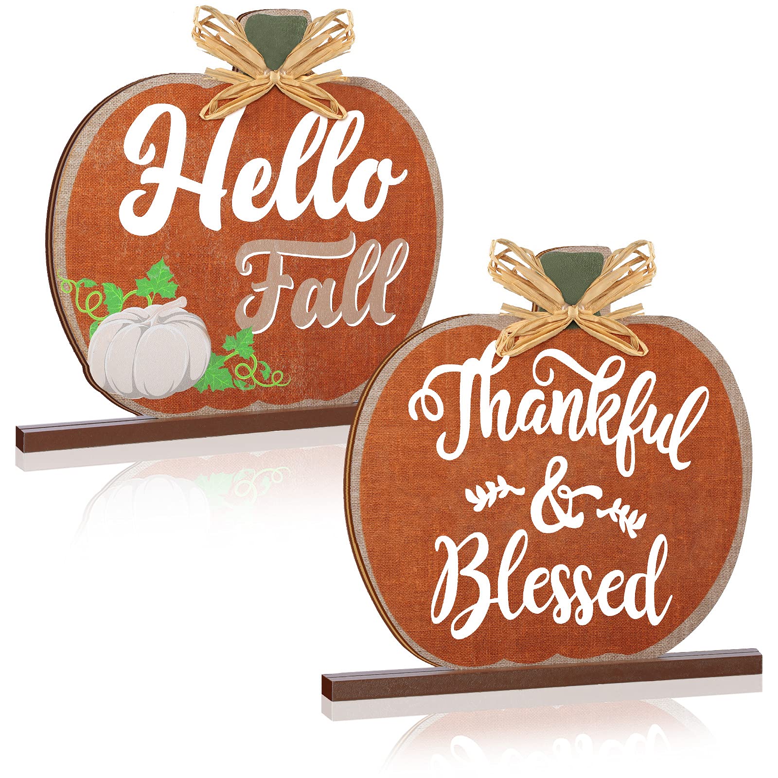 2 Pieces Autumn Decor Hello Fall Rustic Pumpkin Shaped Stand Up Plaque Sign Thanksgiving Pumpkin Table Decor Autumn Pumpkin Sign Decor for Festival Home Party Decors (Classic Style)