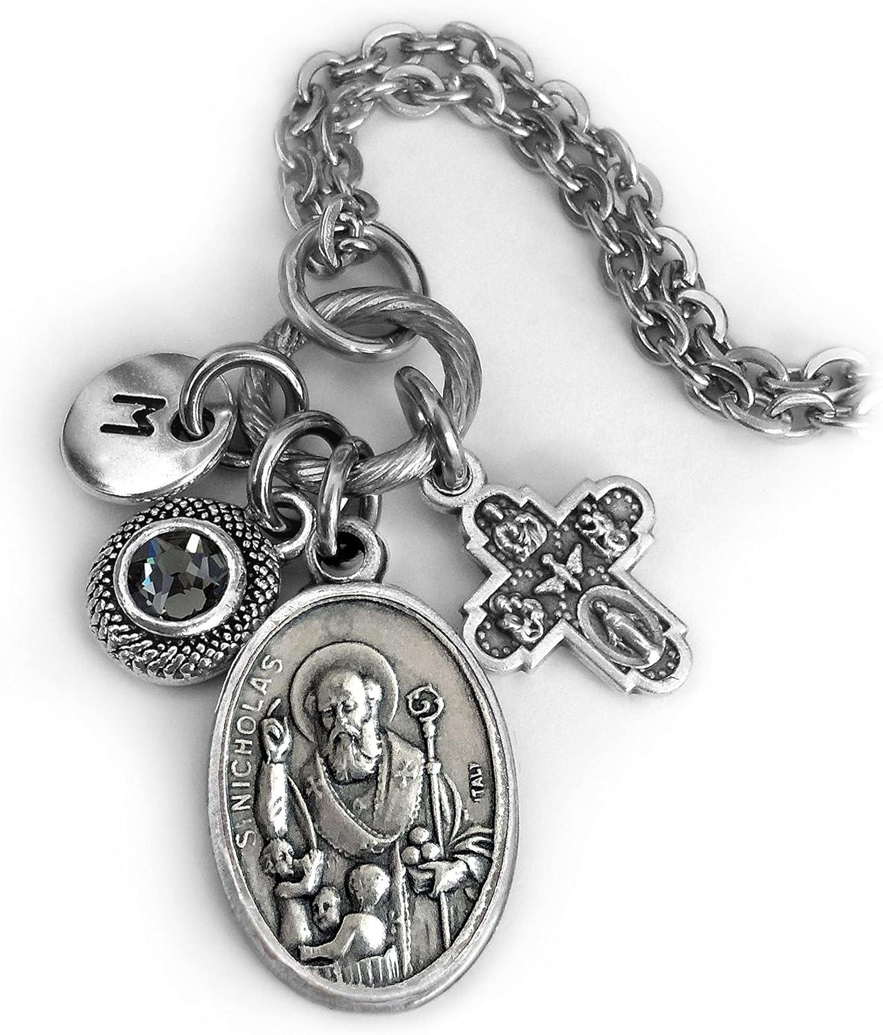 St. Nicholas Keychain, Necklace or Clip, Patron Saint Confirmation Gift, Crystal Pendant and Initial Charm