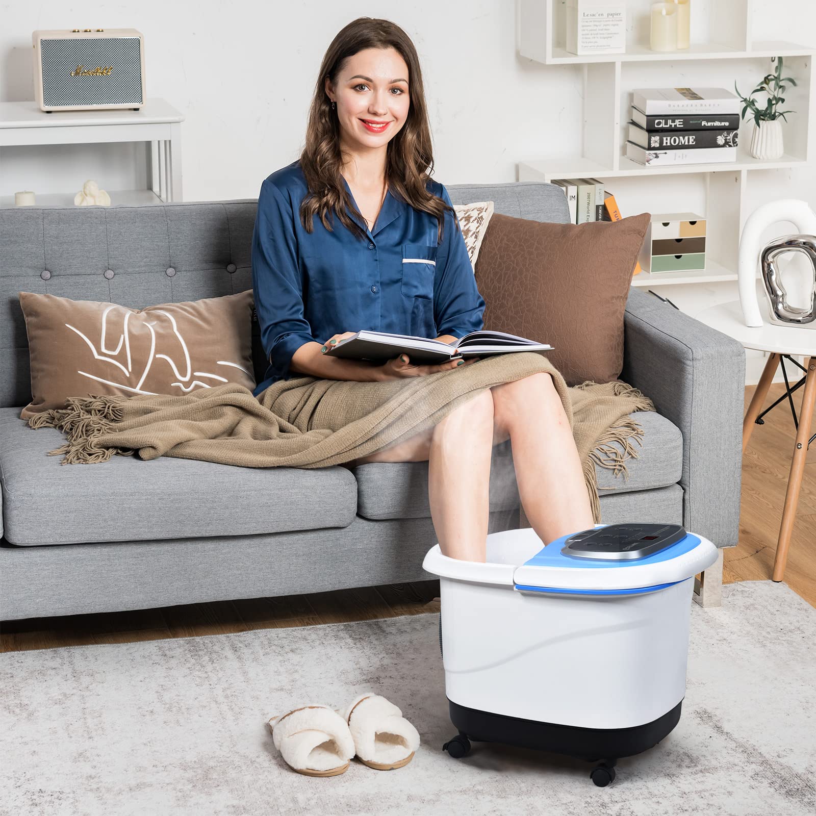 RELAX4LIFE 48 Pediluvio Massaggiatore Piedi Elettrico con Doccia, Riscaldamento Rapido e Mantenimento Temperatura, Sterilizzazione a Infrarossi e Timer 60min con Rotelle, Fino al 48