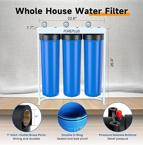 Miniatura 6 de PUREPLUS Filtro de agua de 3 etapas para toda la casa de 20 pulgadas, sistema de filtración para el hogar, prefiltro plisado, carbón activado y
