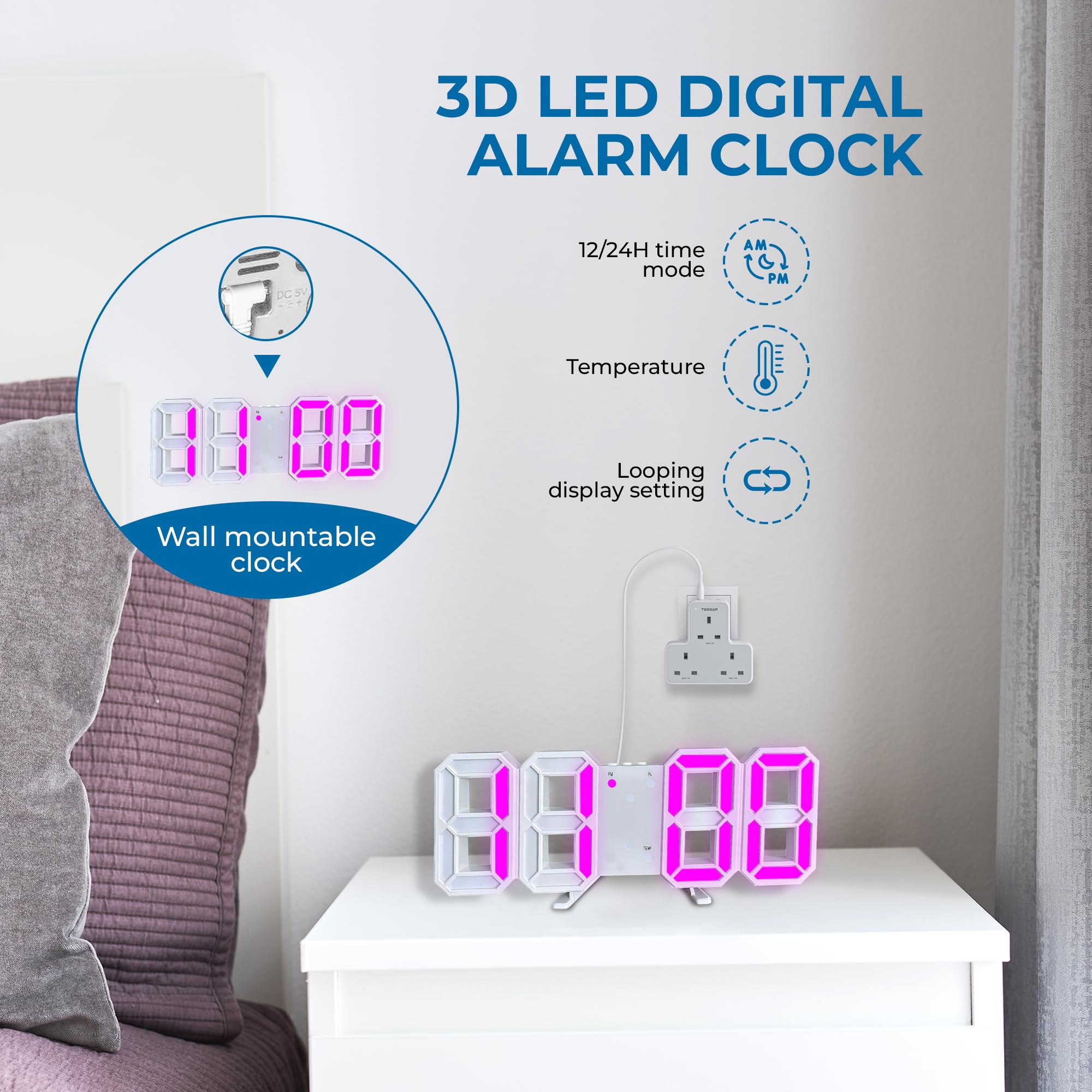 3D LED digitale klok, wandklok, bureauklok, wekker met instelbare helderheidsniveaus, voor thuiskeuken, kantoor pc bureau (wit en roze 3D LED digitale klok, wandklok, bureauklok, wekker met instelbare helderheidsniveaus, voor thuiskeuken, kantoor pc bureau (wit en roze