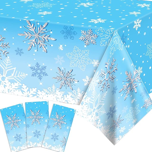 hogoo 3 Pack Christmas Frozen Snowflake Tablecloths for Party Decoration, Winter Disposable Plastic Rectangular Table Covers for Home Frozen Winter Wonderland New Year Holiday Party Supplies