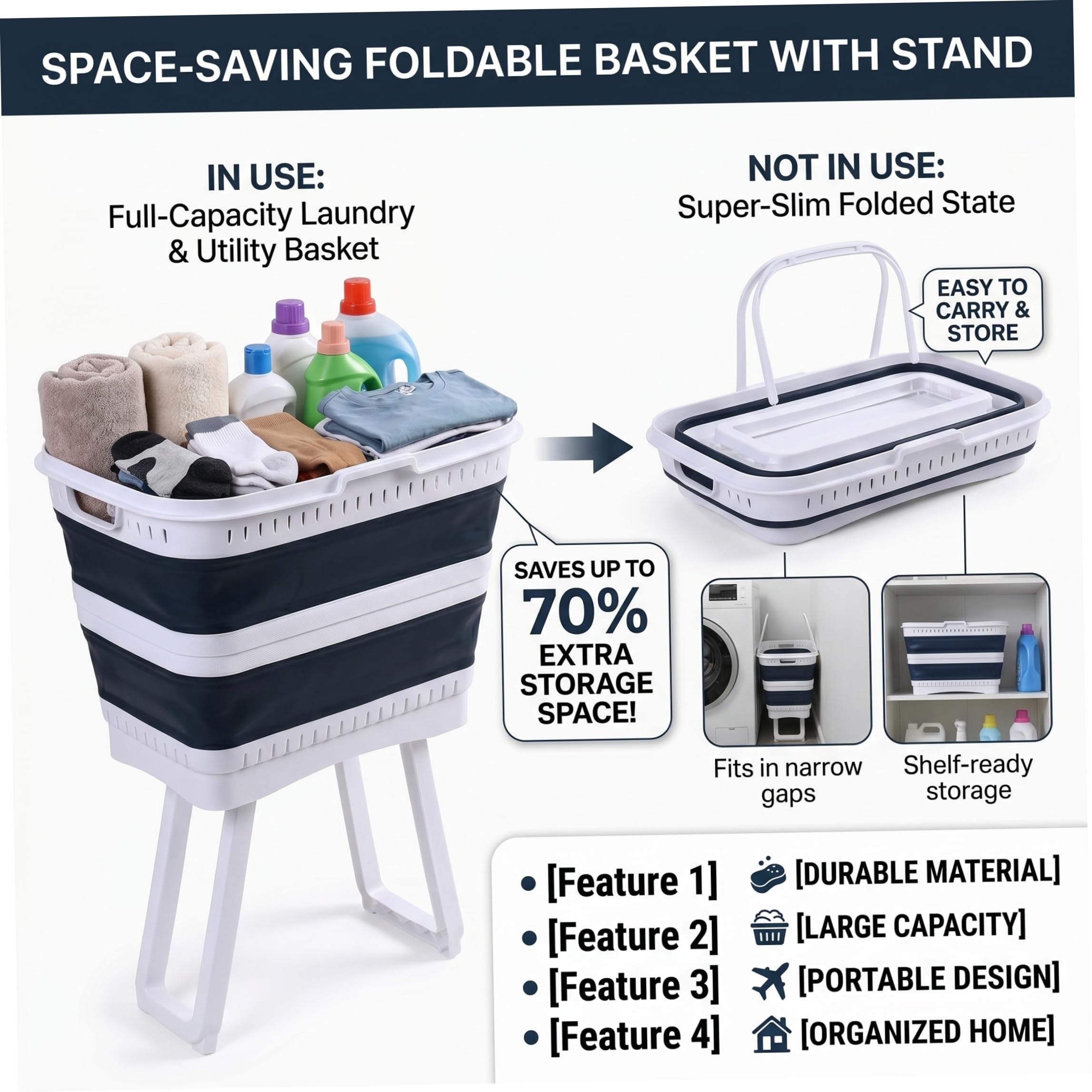 Cesto portabiancheria pieghevole in plastica con gambe, cesto pieghevole di capacità da 26 litri con manici per bagno, camera da letto, cucina, sala giochi, dormitorio, blu scuro.