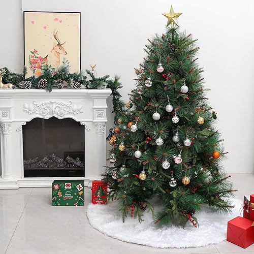 Miniatura 7 de Falda de árbol de Navidad de 36 pulgadas, falda de árbol de piel sintética blanca nieve para decoraciones de fiesta de Navidad, adornos de árbol de