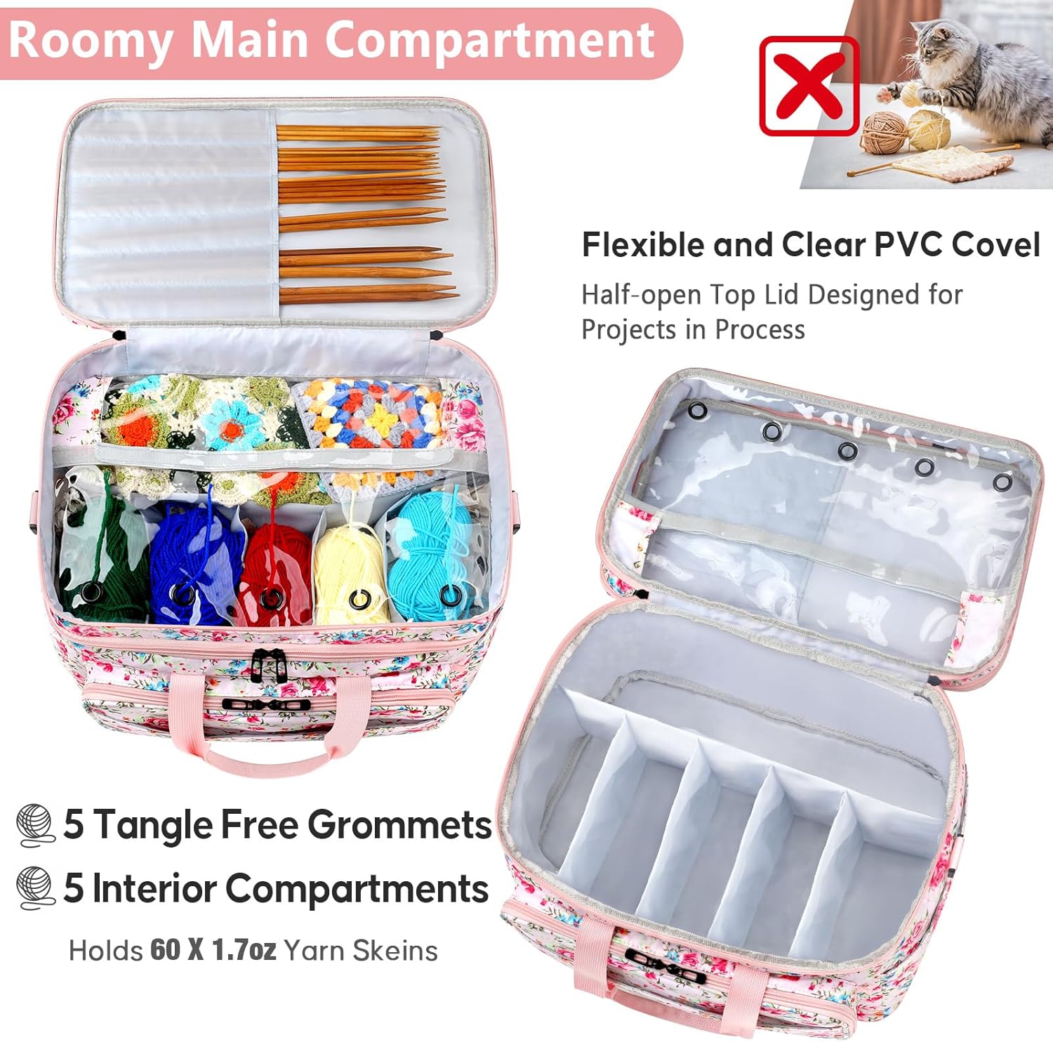 IBFUN 3PCS Crochet Bag with Wrist Yarn Holder, Large Yarn Storage Tote Waterproof Knitting Bag Organizer with Adjustable Strap for Hooks, Needles (Up to 14"), Accessories, Crochet Lovers, Tangle-Free