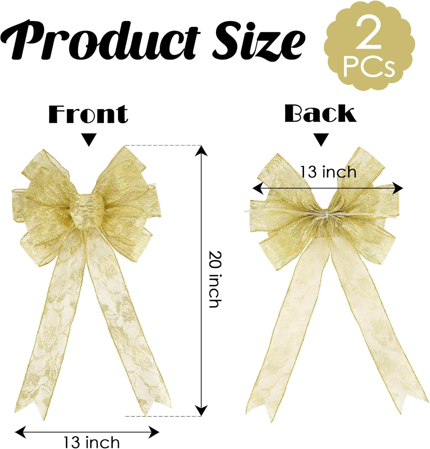 13" x 20'' Gold Lace Bows Wired Edge Valentine Tree Topper Bow, Glitter Bow Party Decorations, Premade Metallic Bows with Twist Tie, Large Gift Bow for Outdoor Wreath, Wedding-2 PCs - Image 2
