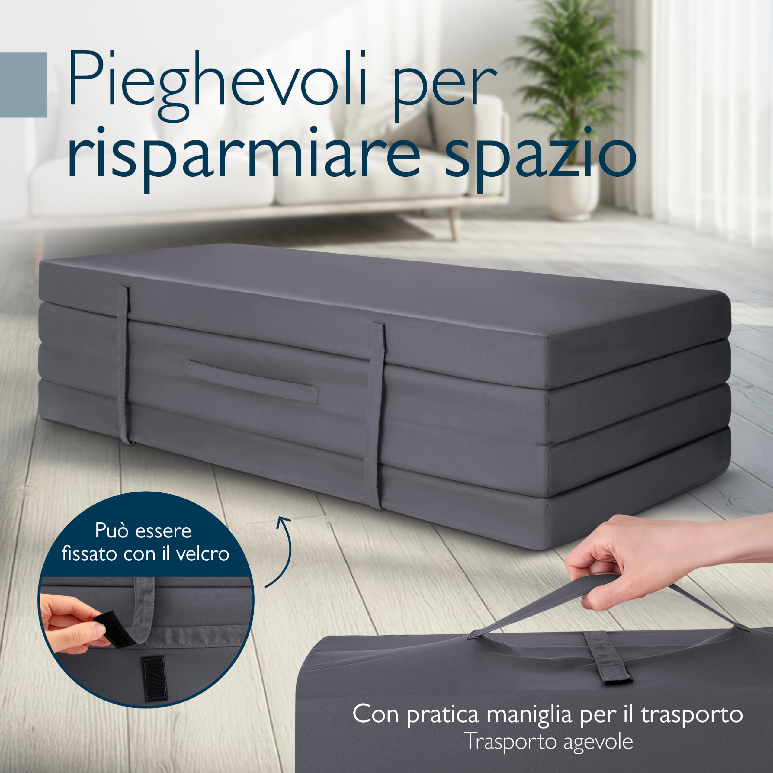 Beautissu Materasso da Campeggio Pieghevole - per Ospiti - Campix 120x195 cm - Soffice Confortevole e Funzionale - Grigio - Materasso Traspirante in Microfibra - Lettino da Viaggio