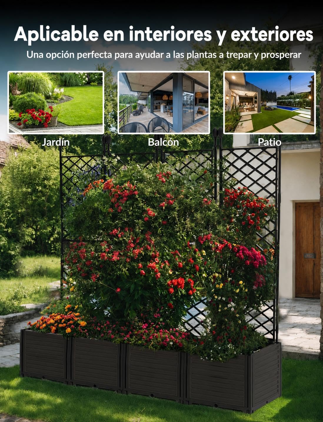 Garvee Cama de Jardín Elevada con Enrejado,4 Módulos,Jardinera Modular de Plástico Resistente,Macetero Profundo para Plantas Trepadoras, Pantalla de Privacidad para Terraza Balcón y Patio,166x41x160cm