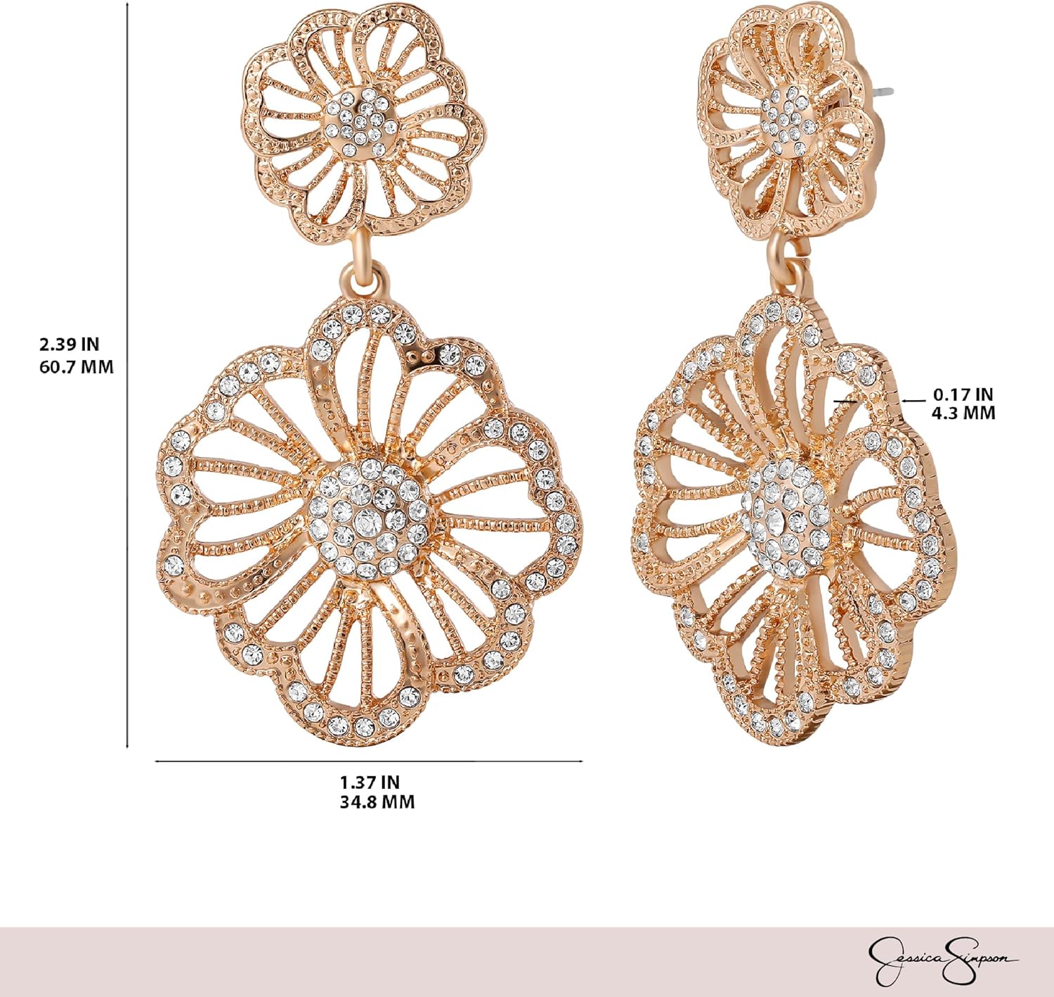 Jessica Simpson Clear Pave Crystal Flower Dangle Earrings for Women, Flower Drop Earrings Gold-Tone - Image 5