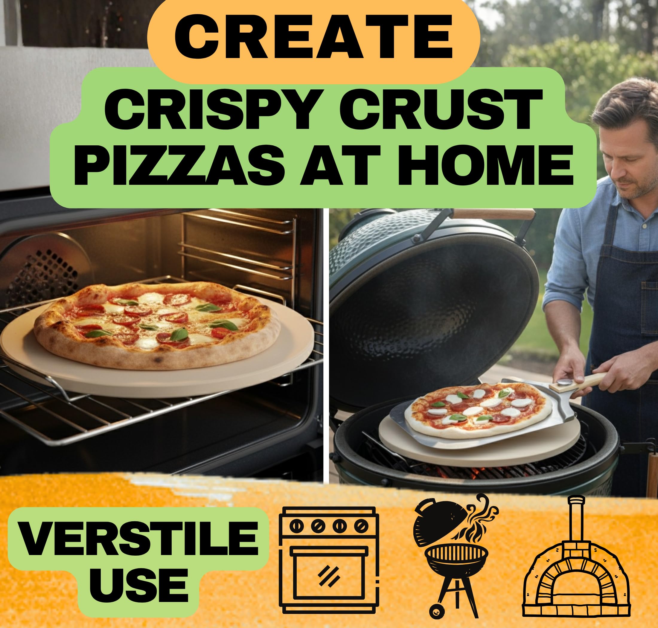 Runder Pizzastein für Backofen 40,6 cm – Großer Pizzastein mit Griffen, Pizzaschieber aus Metall, Pizzaschneider und Teigwerkzeug – Backstein für Ofenbrot – dicke robuste Cordierit-Backsteine