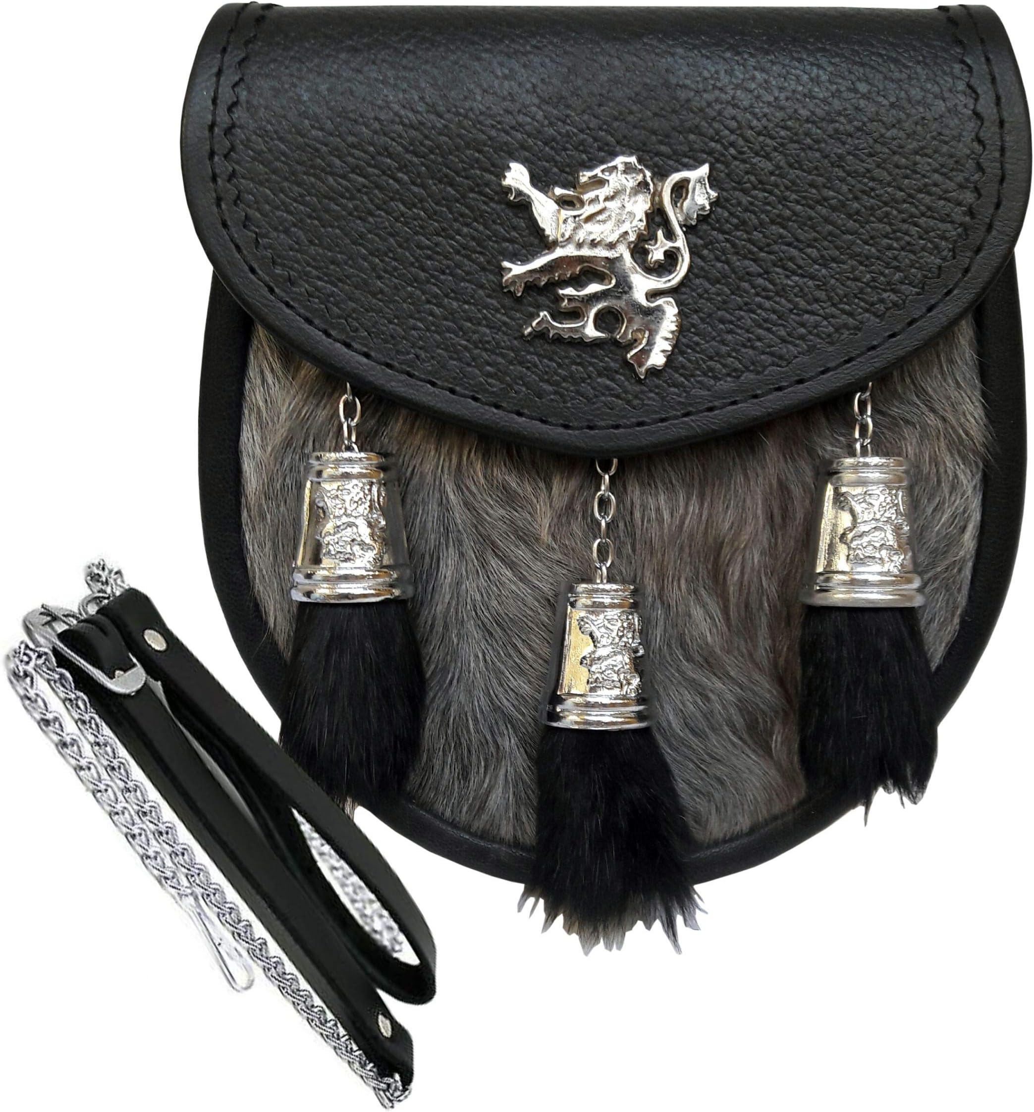 Scottish Kilt Semi Dress Grey Goat Sporran with Rampant Lion & Tassels Caps