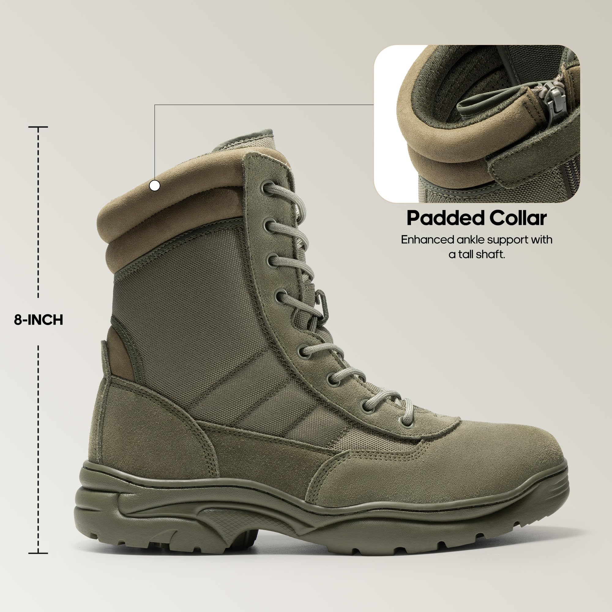 NORTIV 8 Stivali tattici militari da lavoro, da uomo, con cerniera laterale, in pelle, da moto, da combattimento (15-20 cm), Verde militare, 41.5 EU