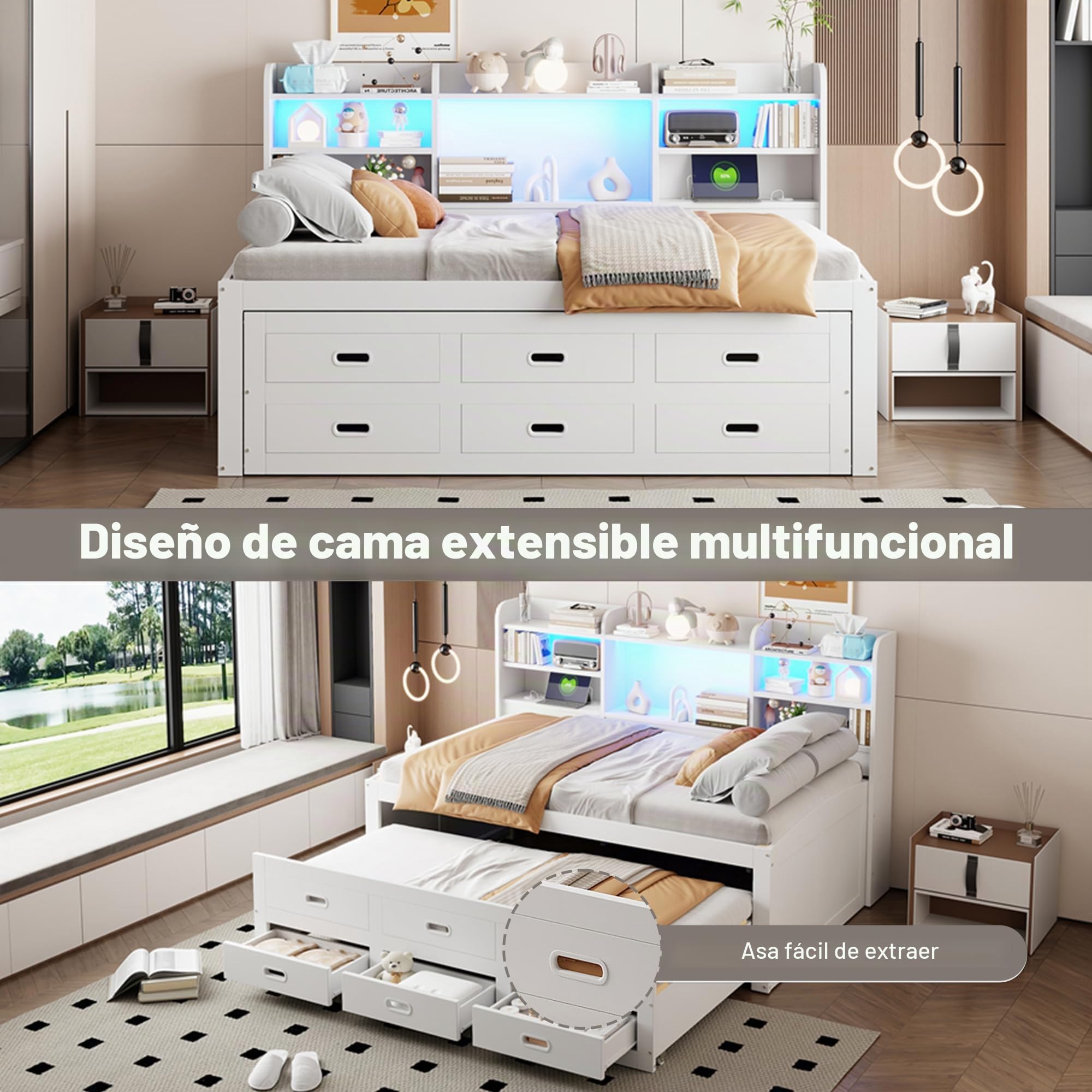 Sofá cama, cama de día, diurna, mando a distancia LED, 3 cajones, mesita de noche, cama extensible multifuncional con USB+Type-c, sin colchón, blanco (90 x 200 cm)