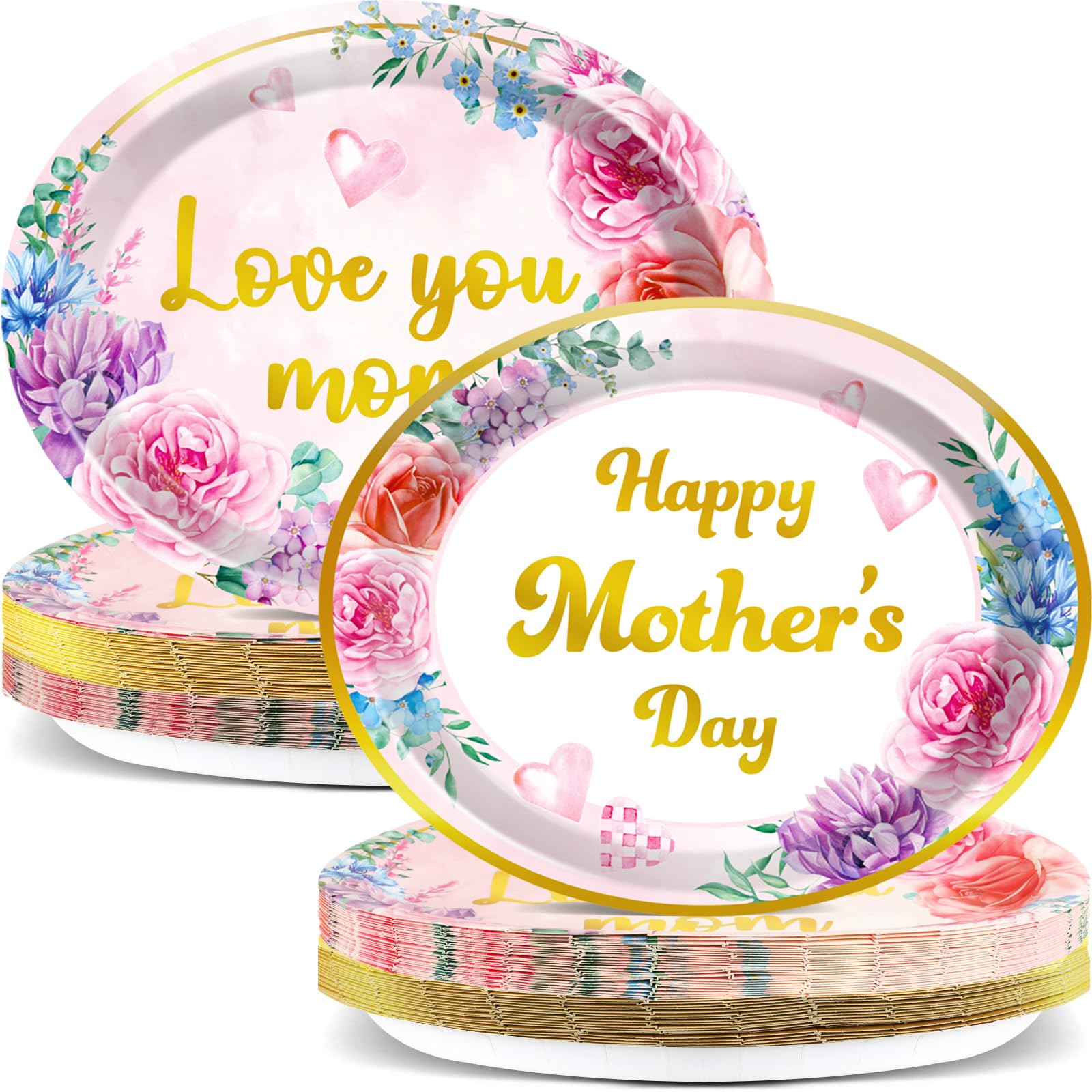 Qyeahkj Lot de 50 grandes assiettes ovales en carton pour fête des mères 27,9 cm - Assiettes jetables - Motif floral rose
