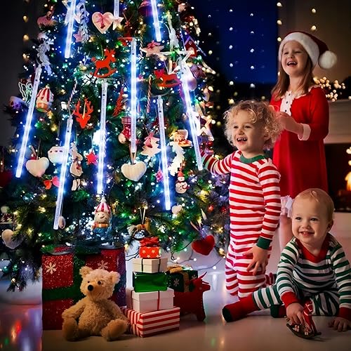 Miniatura 7 de YEGUO Luces solares de Navidad al aire libre, 8 tubos 144 LED lluvia de meteoritos luces de Navidad para fiesta, árbol, vacaciones, techo, boda