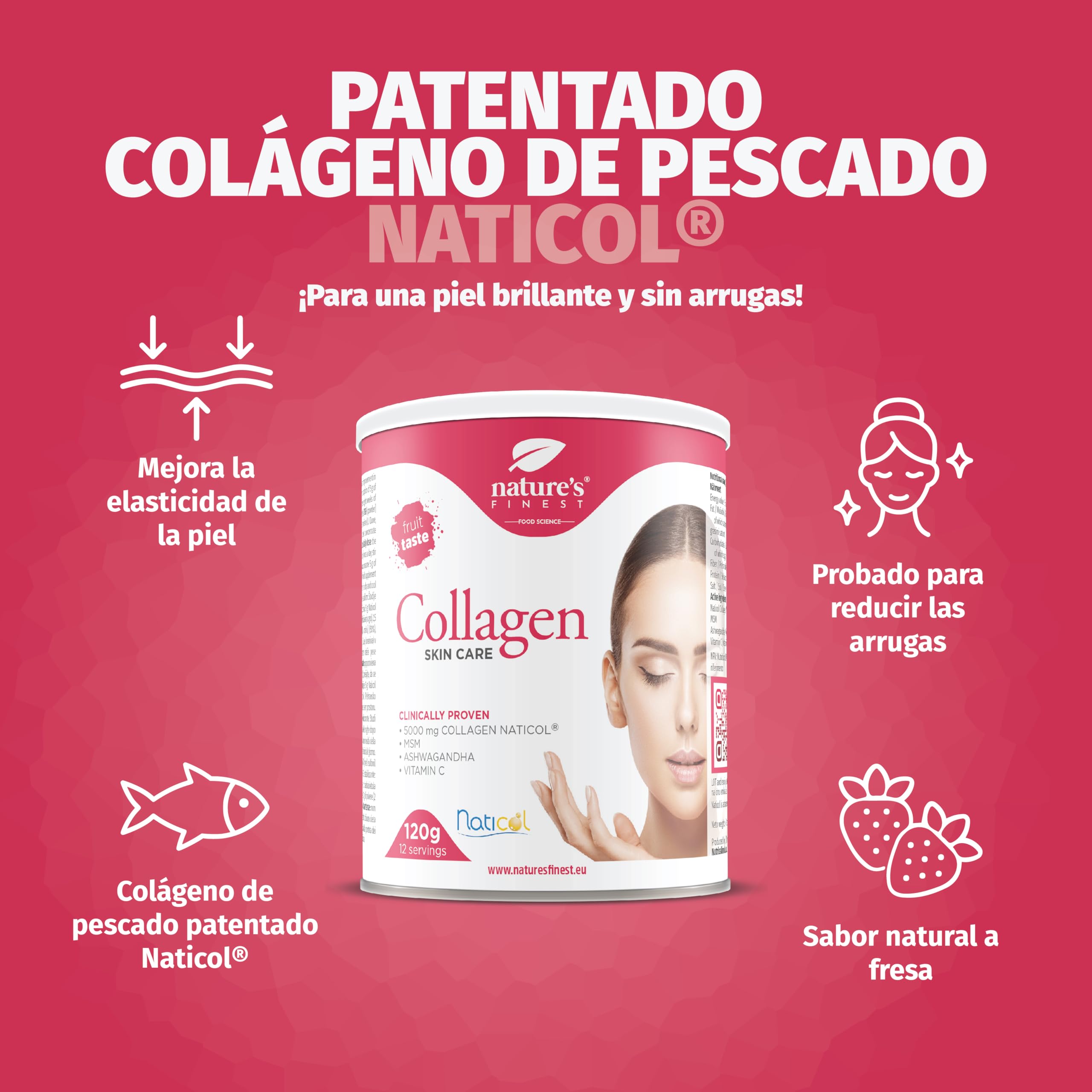 Nature's Finest Colágeno SkinCare con Naticol®, MSM, Ashwagandha y Vitamina C, Colageno marino hidrolizado puro en polvo - Vitaminas para el cabello, piel y uñas
