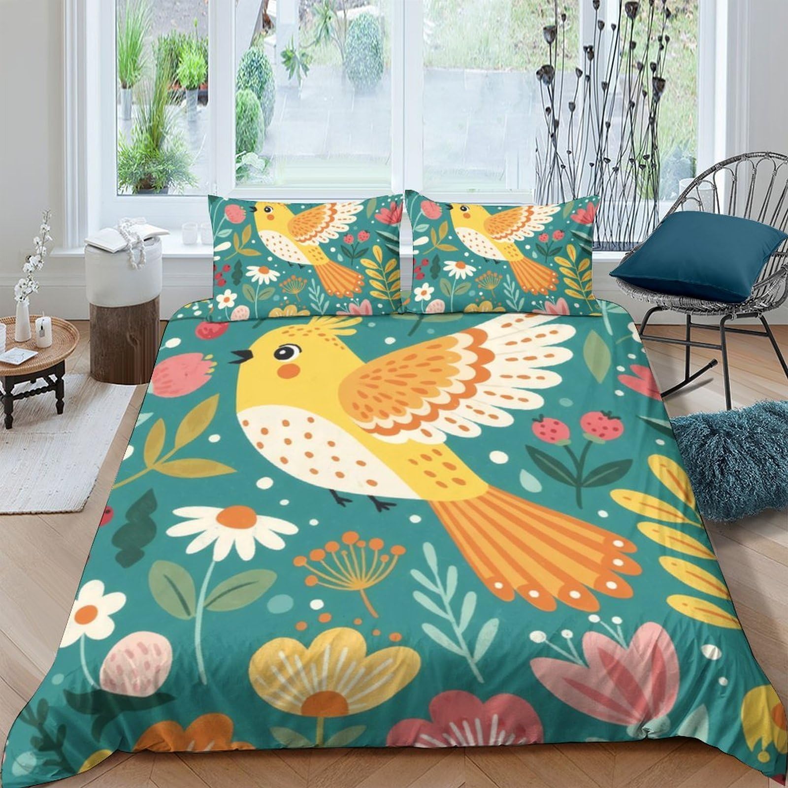 Cadeau parure de lit oiseau effet champêtre en microfibre douce pour adulte et jeune