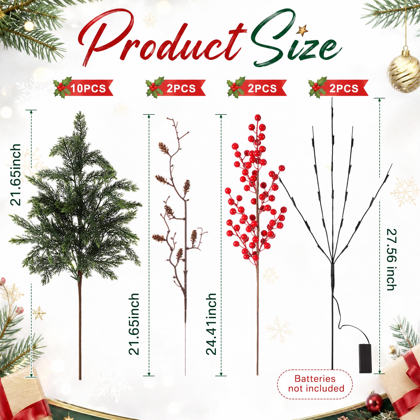 Moucuny Lot de 10 branches de cèdre de Noël artificielles de 55,9 cm, 2 baies rouges, 2 pommes de pin avec 2 branches lumineuses LED pour loisirs créatifs