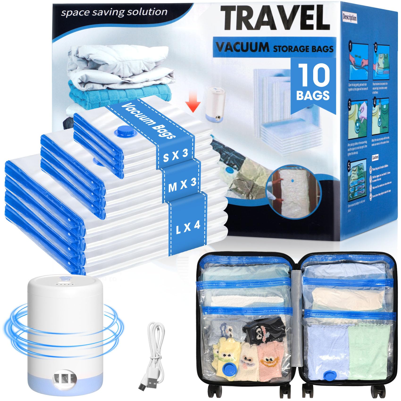 Eunhdet 10 Pack Travel Vacuum Storage Bags with USB Electric Pump, Combo Space Saver Vacuum Seal Bags for Clothing Travel Vaccine Sealed Storage Bag