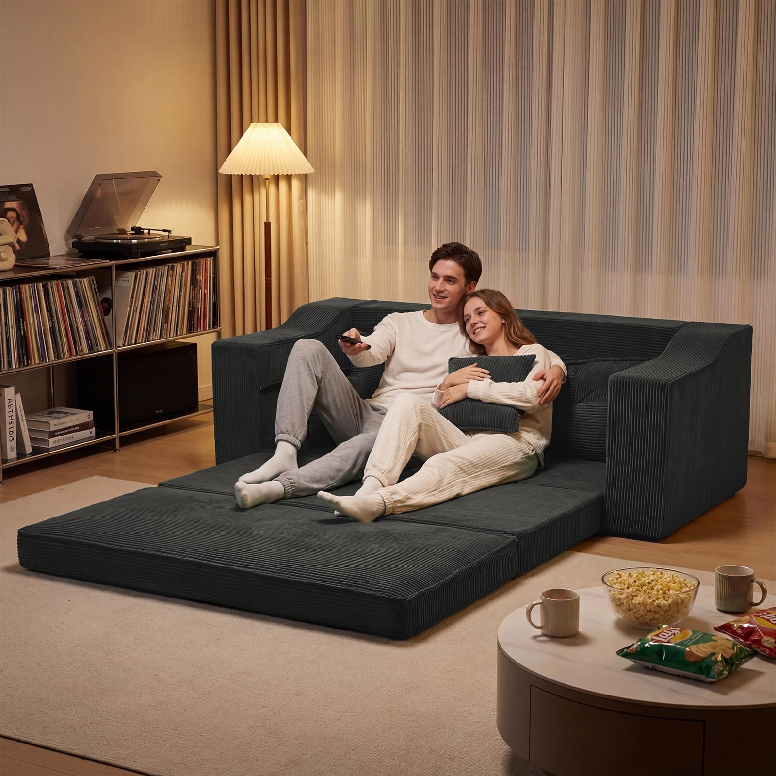 APICIZON Sofá Cama, sofá 2-en-1 sin Estructura, sofá de Suelo con Cojines, sofá de 3 plazas Convertible con función Cama, colchón Plegable (Pana - Gris Oscuro, Ancho 177 cm)