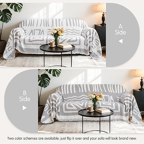 Miniatura 2 de Hokway Funda de sofá de felpilla con borlas, tela bohemia antideslizante para mascotas, protector de sofá reversible en forma de L (gris bohemio, 71