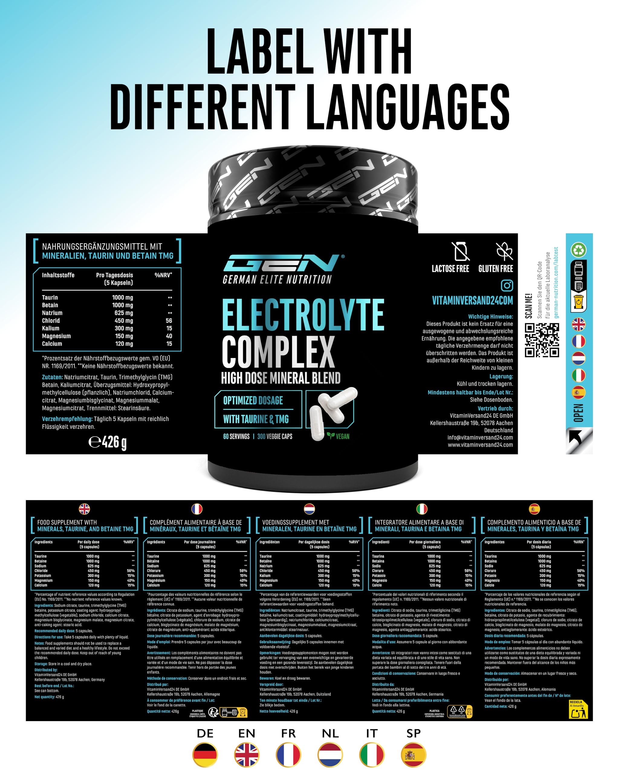 GEN GERMAN ELITE NUTRITION Electrolyte Complex - 300 Kapseln | mit Taurin & Betain (TMG), Natrium, Kalium, Magnesium & Calcium, 3600 mg pro Tagesportion, 60 Portionen
