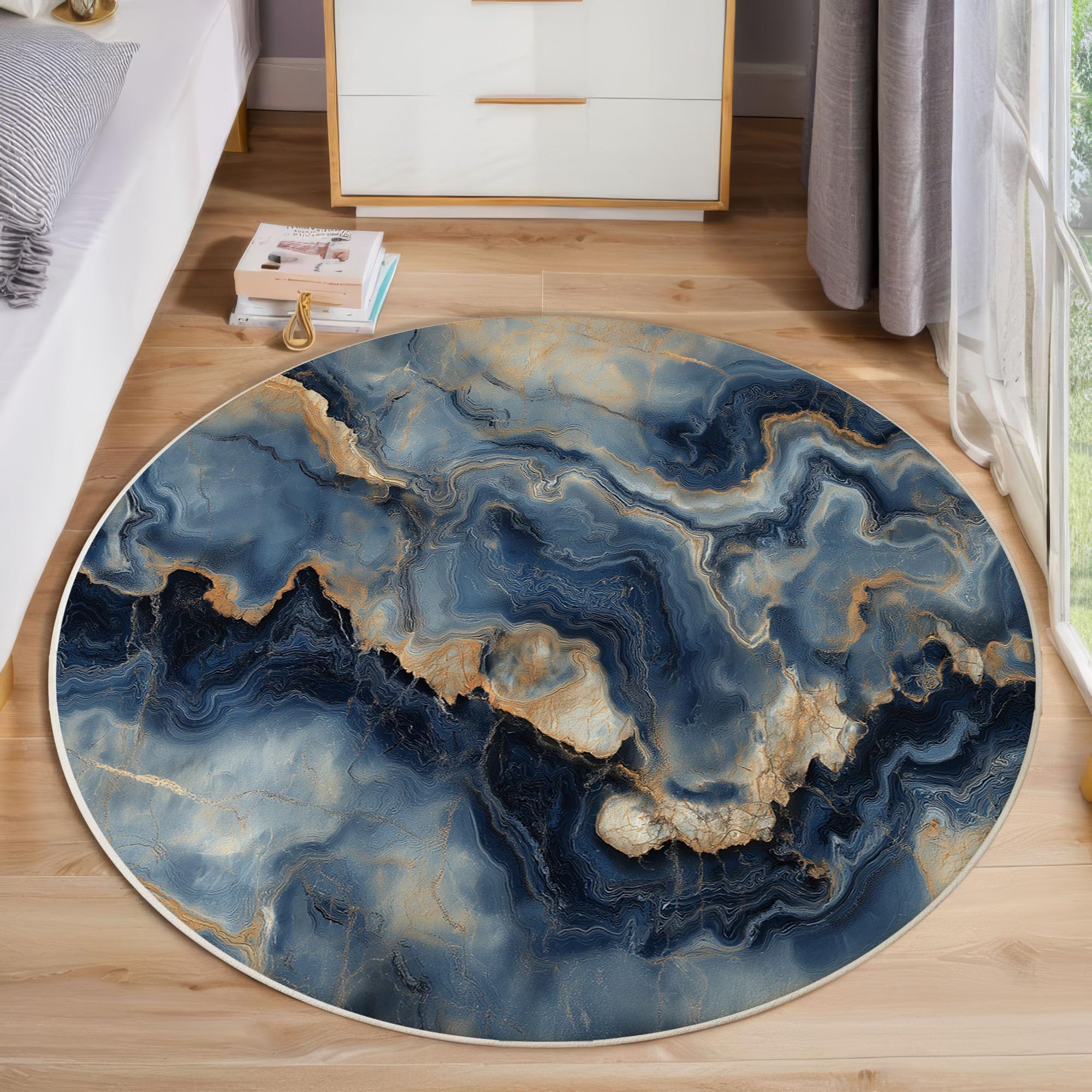 Tapis Rond Salon Marbre Bleu Doré 120cm, Luxe Moderne Tapis De Salon Rond à Poils Courts, Bleu Moquette Antidérapant Lavable en Machine pour Chambre Balcon Terrasse