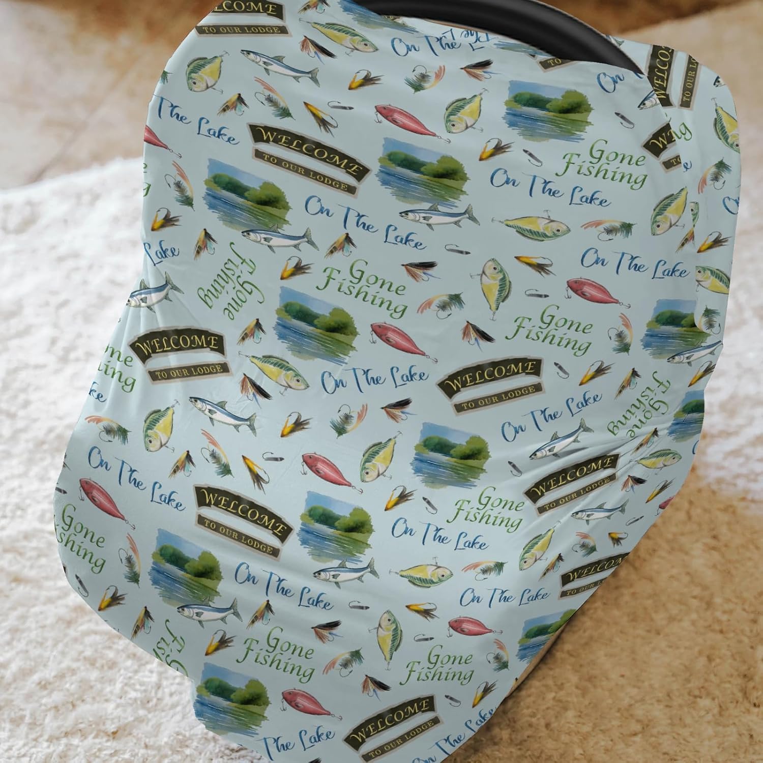 Fishing Baby Car Seats Covers Lake Gone Fishing Stretchy 5-in-1 Cover Adjustable Infant Carseat Canopy Cover Outdoor Hunting Camping Breathable Nursing Cover-Up