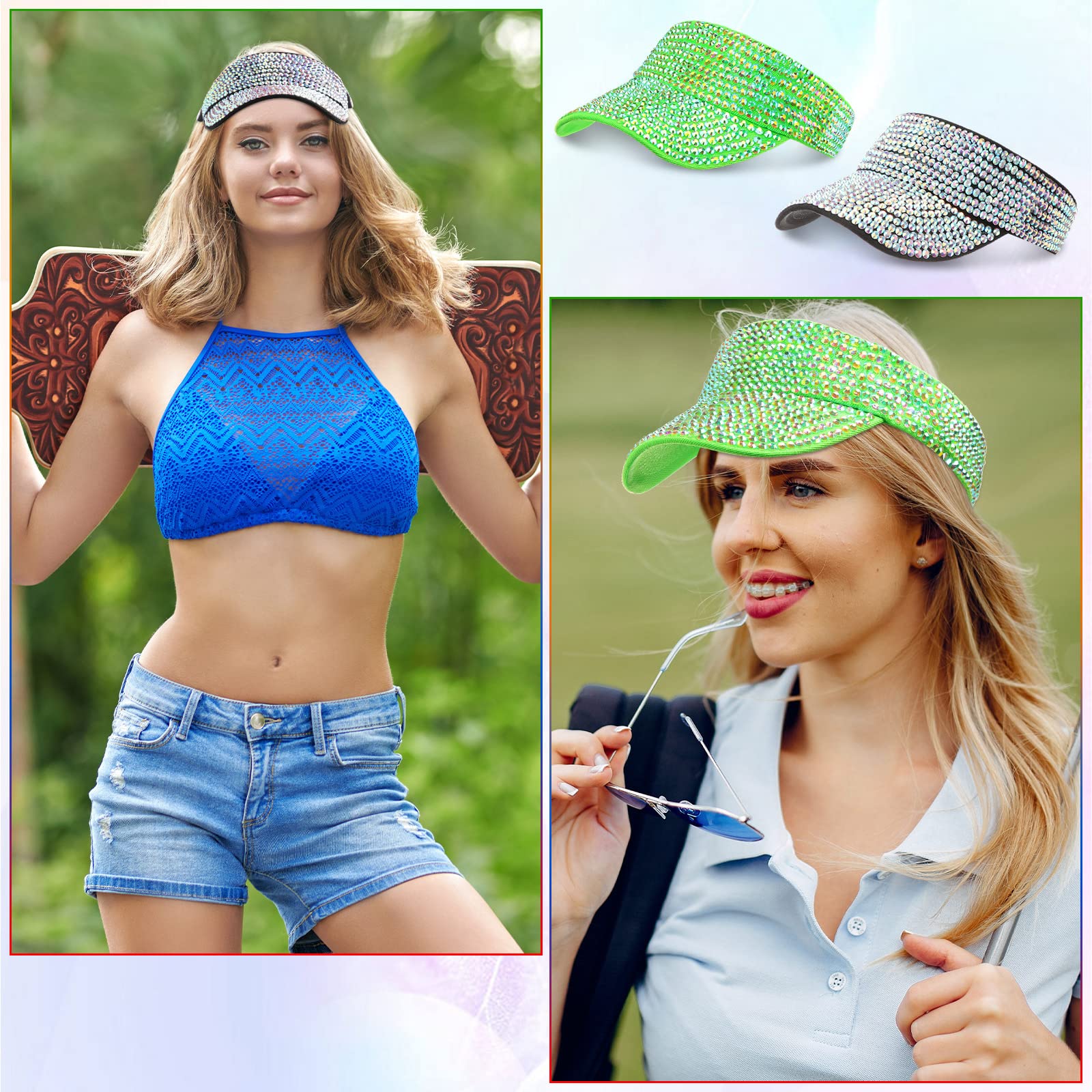 Yahenda 10 Stück glitzernde Visiere, Glitzer-Visier mit Strasssteinen, Sport-Sonnenblende, Bunte Hüte, verstellbare Sommermütze, Golf-Sonnenblende, Kappen für Männer und Frauen, Sportfarben, M-L